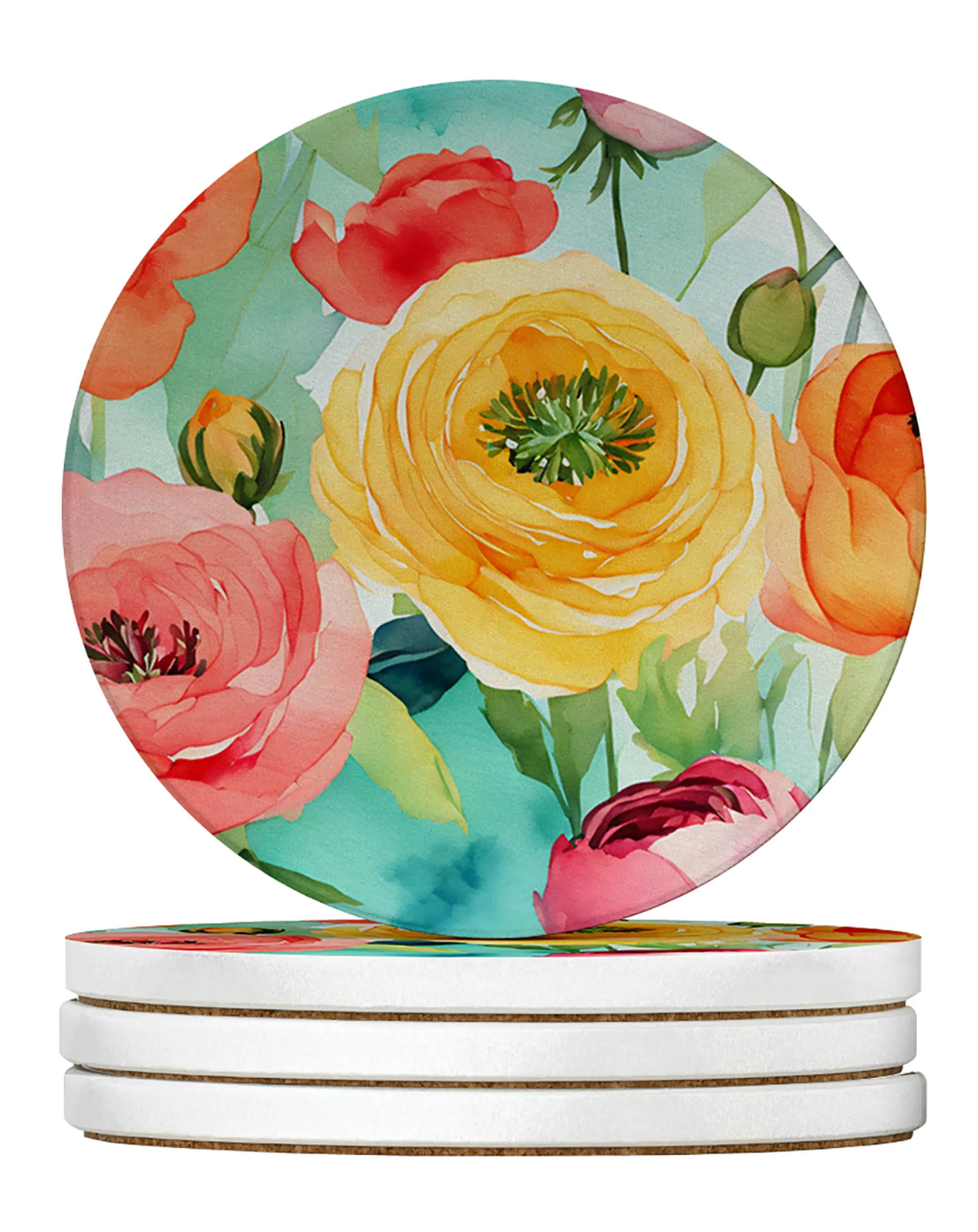 Flowers in Watercolor Large Sandstone Coasters