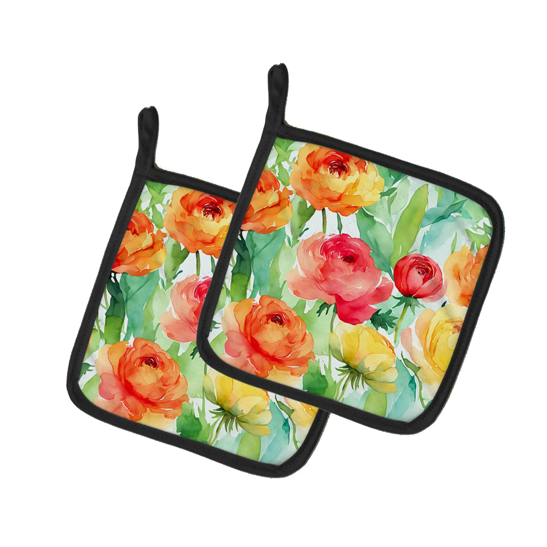 Flowers in Watercolor Pair of Pot Holders - Size: 7.5HX7.5W | Pack Of: 1 | Collection name: Flowers in watercolor