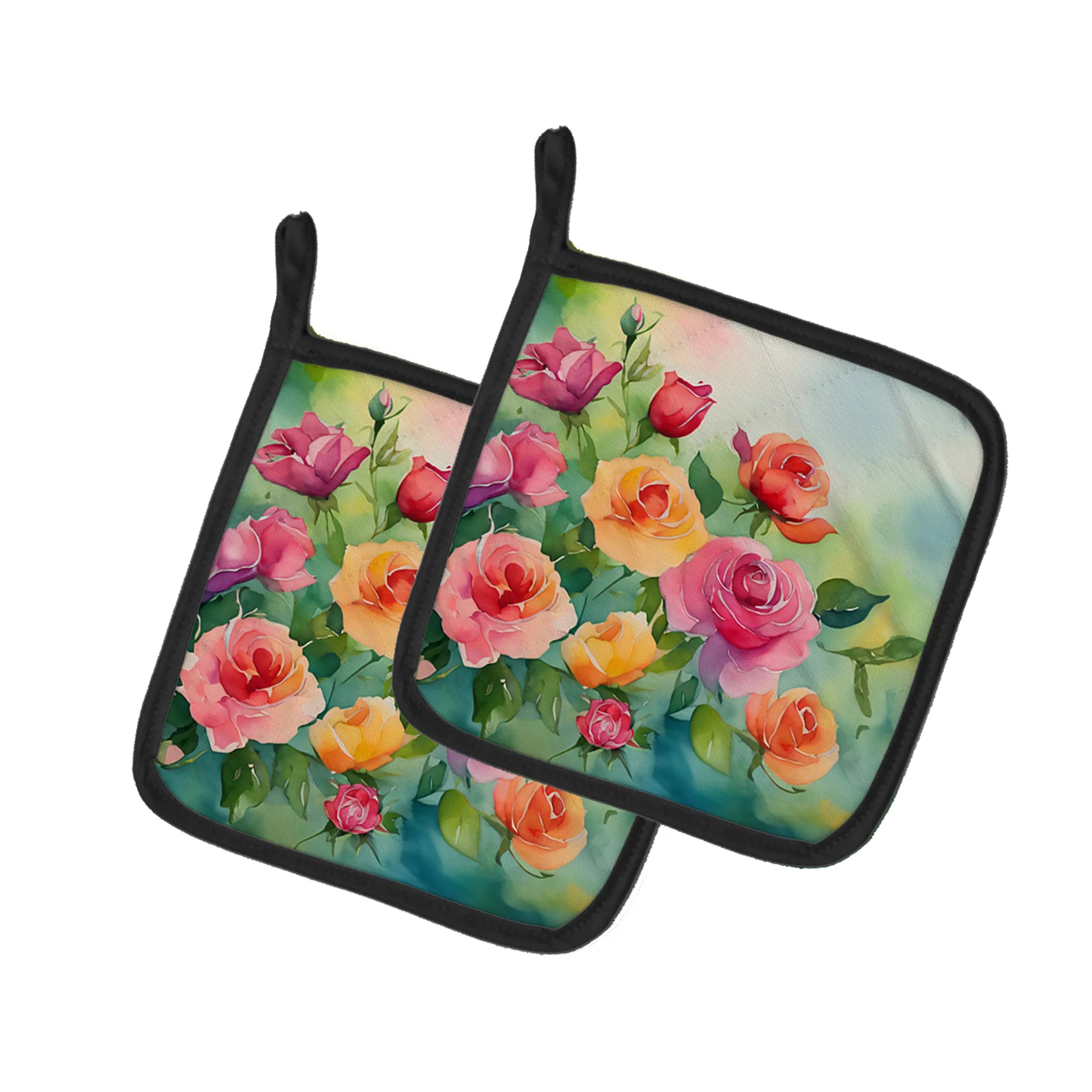 Flowers in Watercolor Pair of Pot Holders - Size: 7.5HX7.5W | Pack Of: 1 | Collection name: Flowers in watercolor