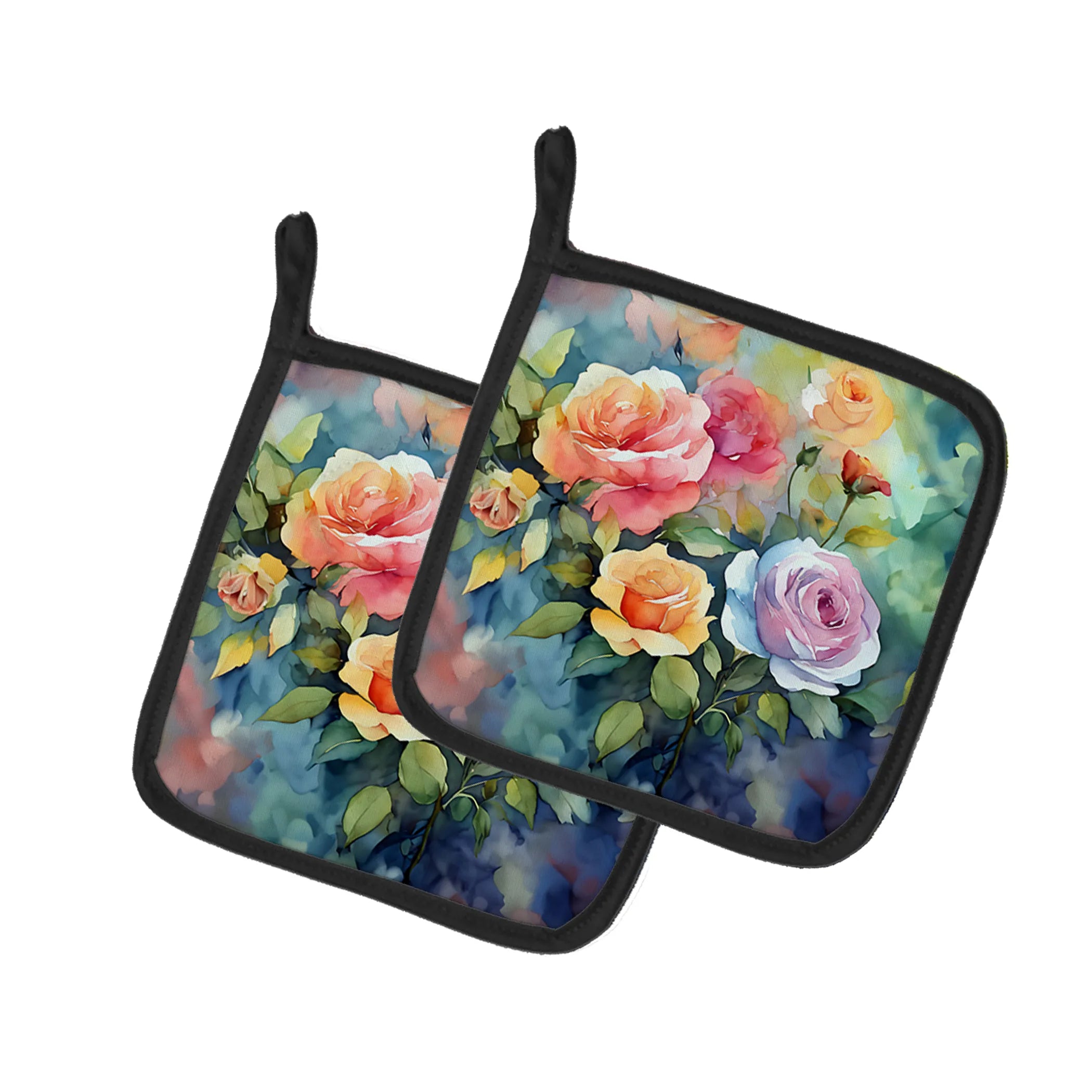 Flowers in Watercolor Pair of Pot Holders - Size: 7.5HX7.5W | Pack Of: 1 | Collection name: Flowers in watercolor