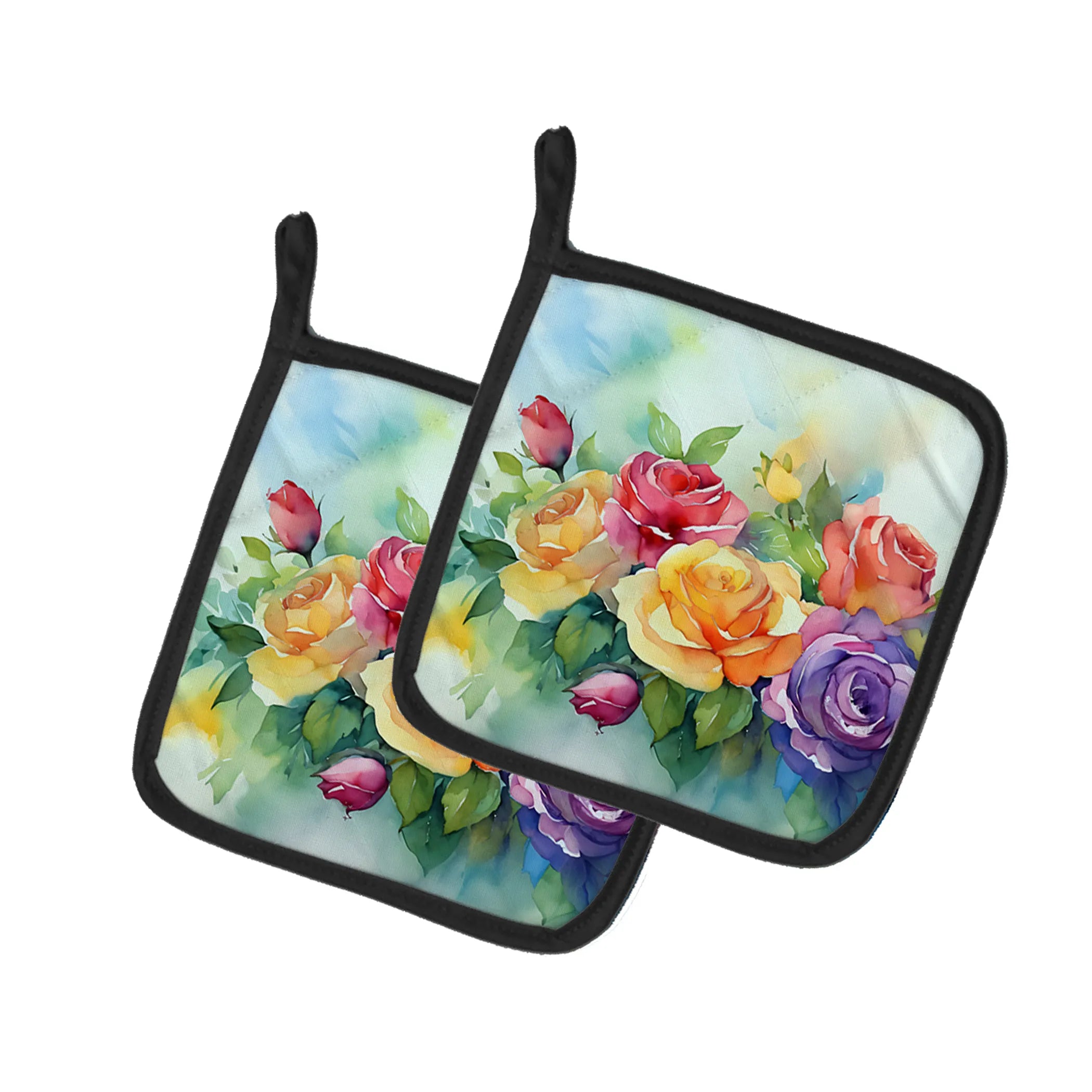 Flowers in Watercolor Pair of Pot Holders - Size: 7.5HX7.5W | Pack Of: 1 | Collection name: Flowers in watercolor