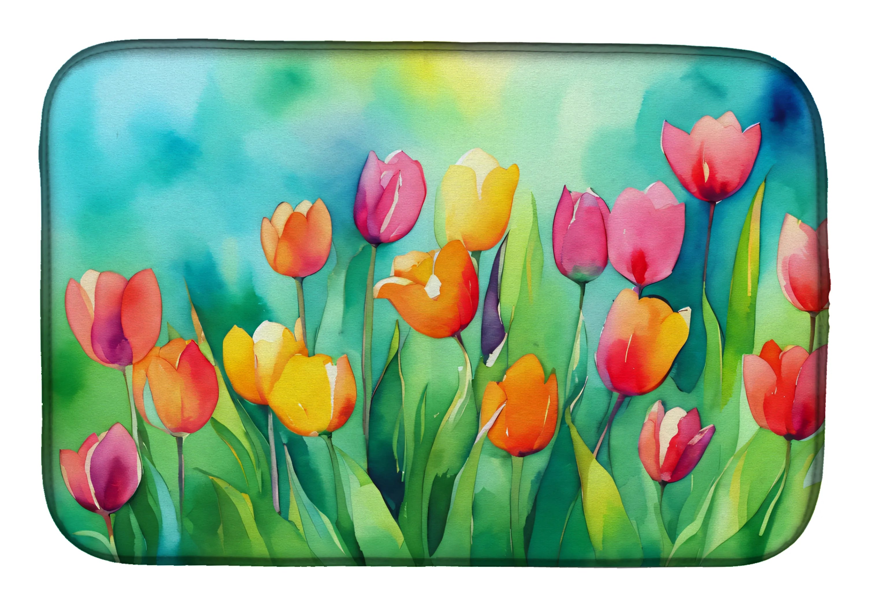 Flowers in Watercolor Dish Drying Mat - Size: 14  X 21" | Pack Of: 1 | Collection name: Flowers in watercolor