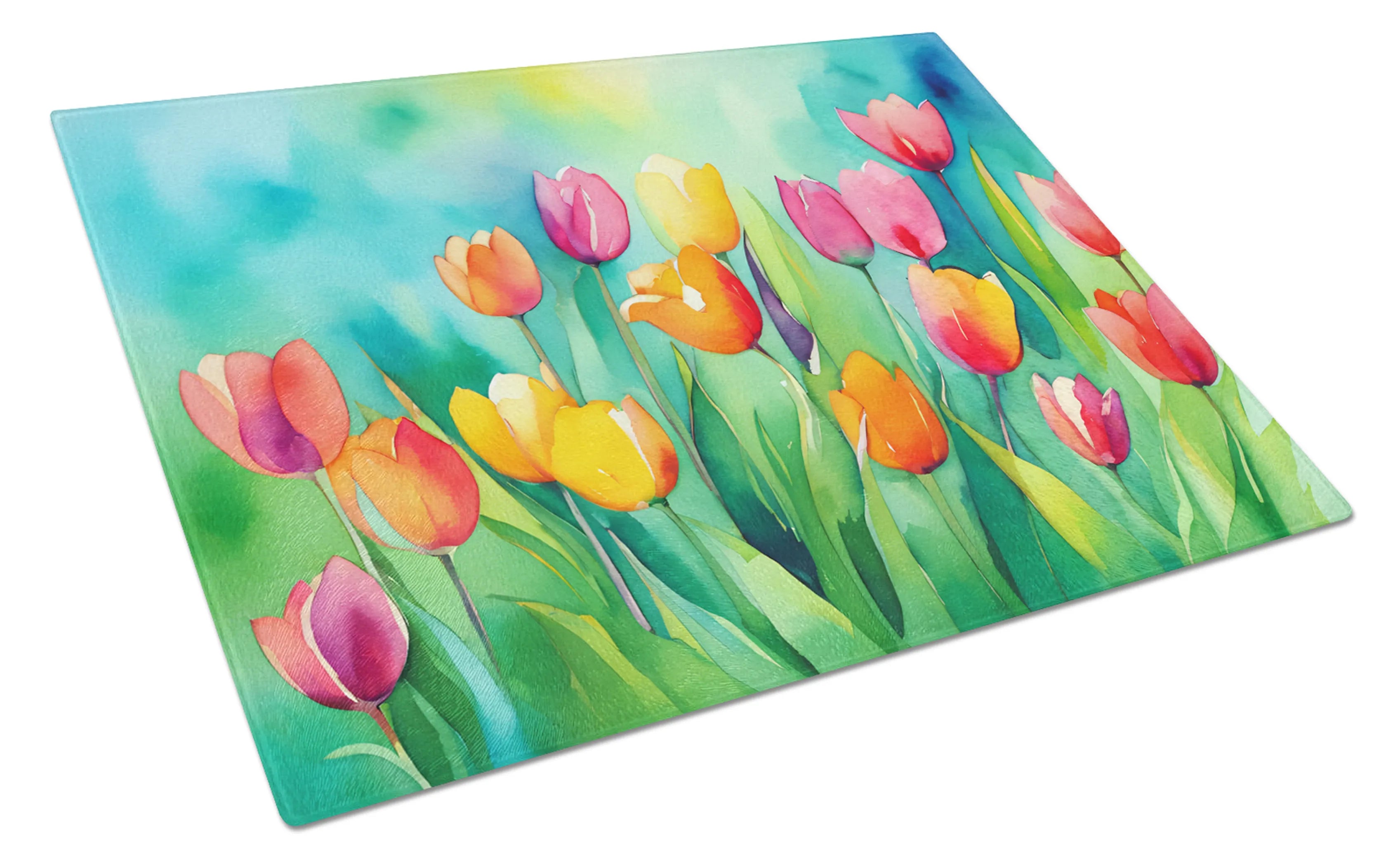 Flowers in Watercolor Glass Cutting Board - Size: LARGE | Pack Of: 1 | Collection name: Flowers in watercolor