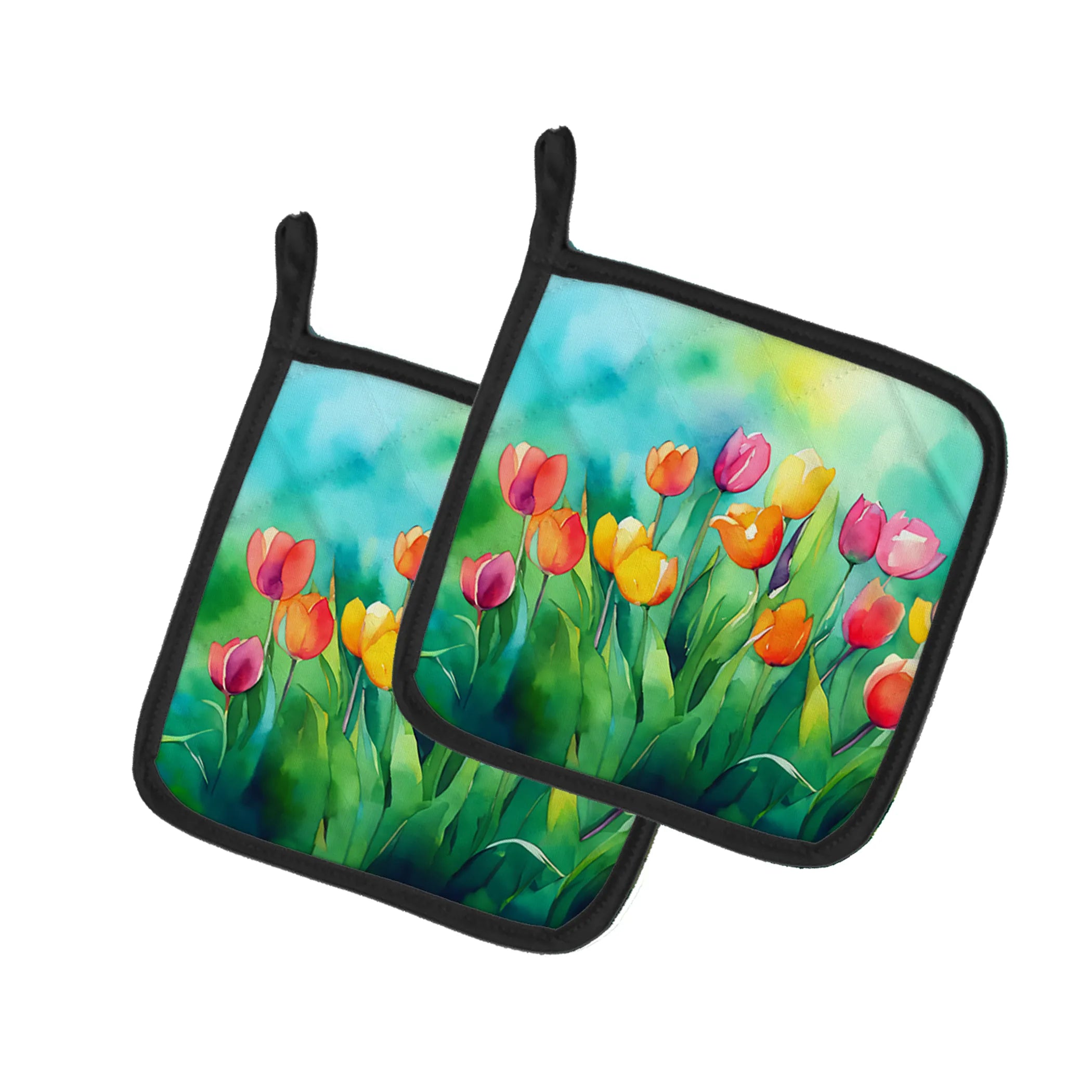 Flowers in Watercolor Pair of Pot Holders - Size: 7.5HX7.5W | Pack Of: 1 | Collection name: Flowers in watercolor
