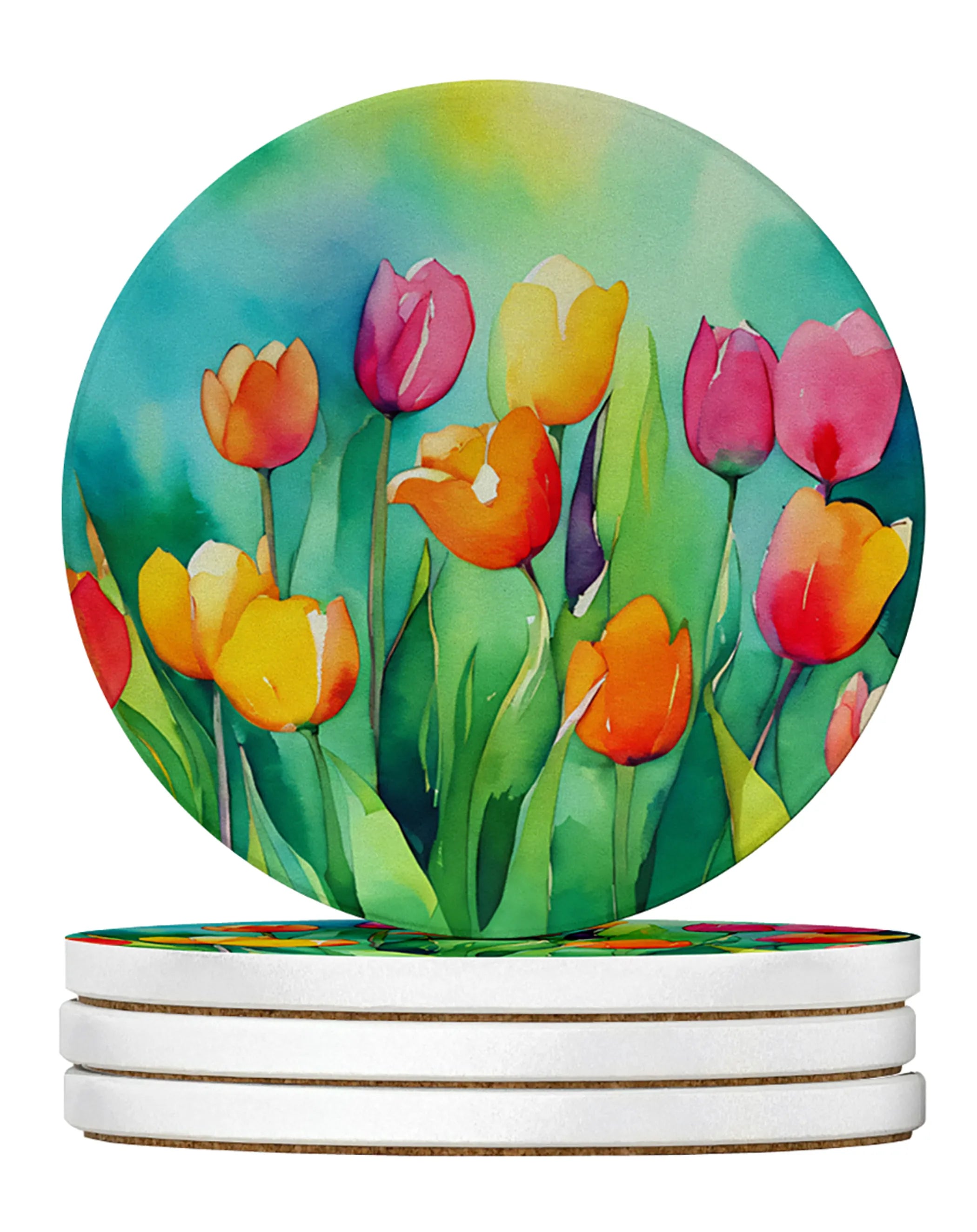 Flowers in Watercolor Large Sandstone Coasters