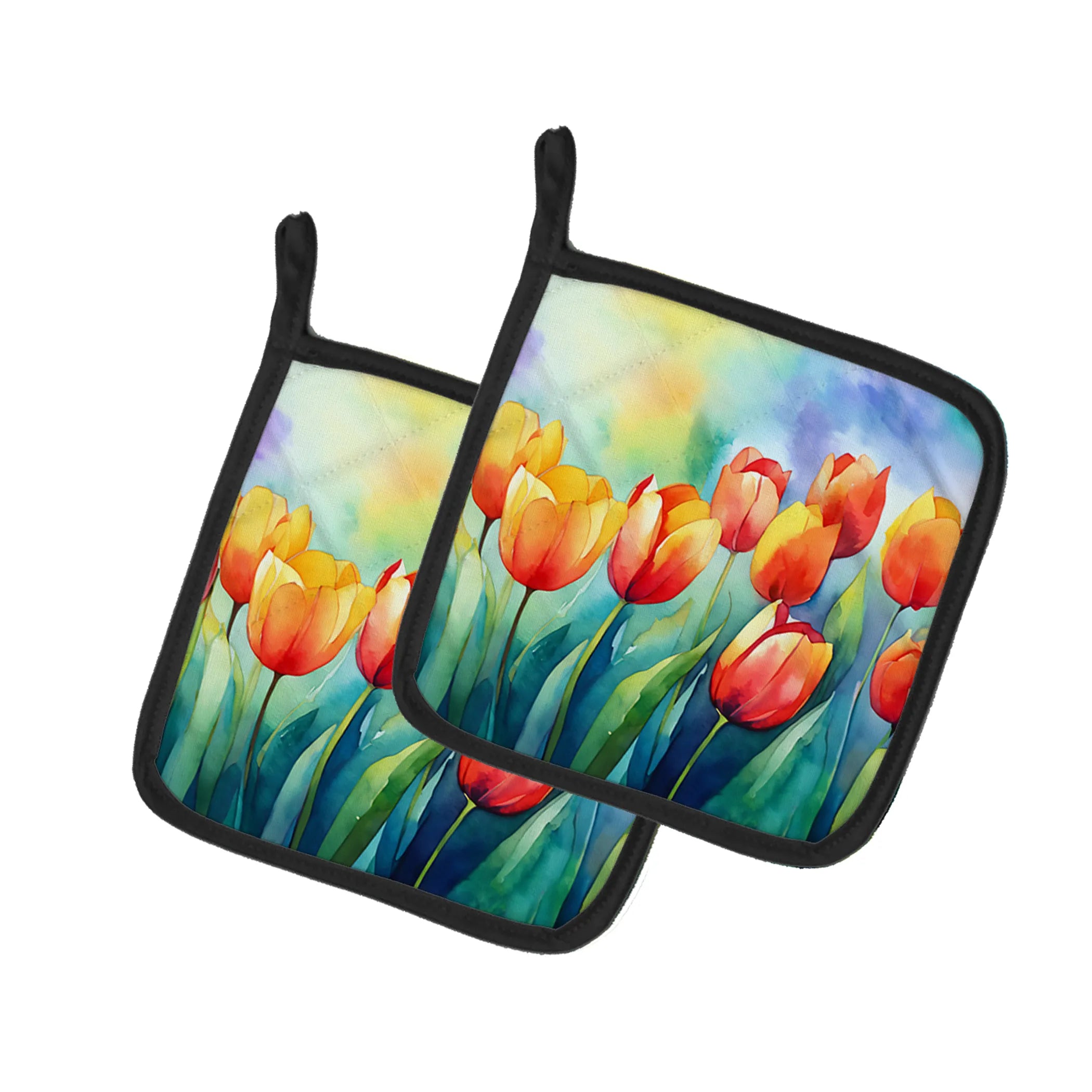 Flowers in Watercolor Pair of Pot Holders - Size: 7.5HX7.5W | Pack Of: 1 | Collection name: Flowers in watercolor