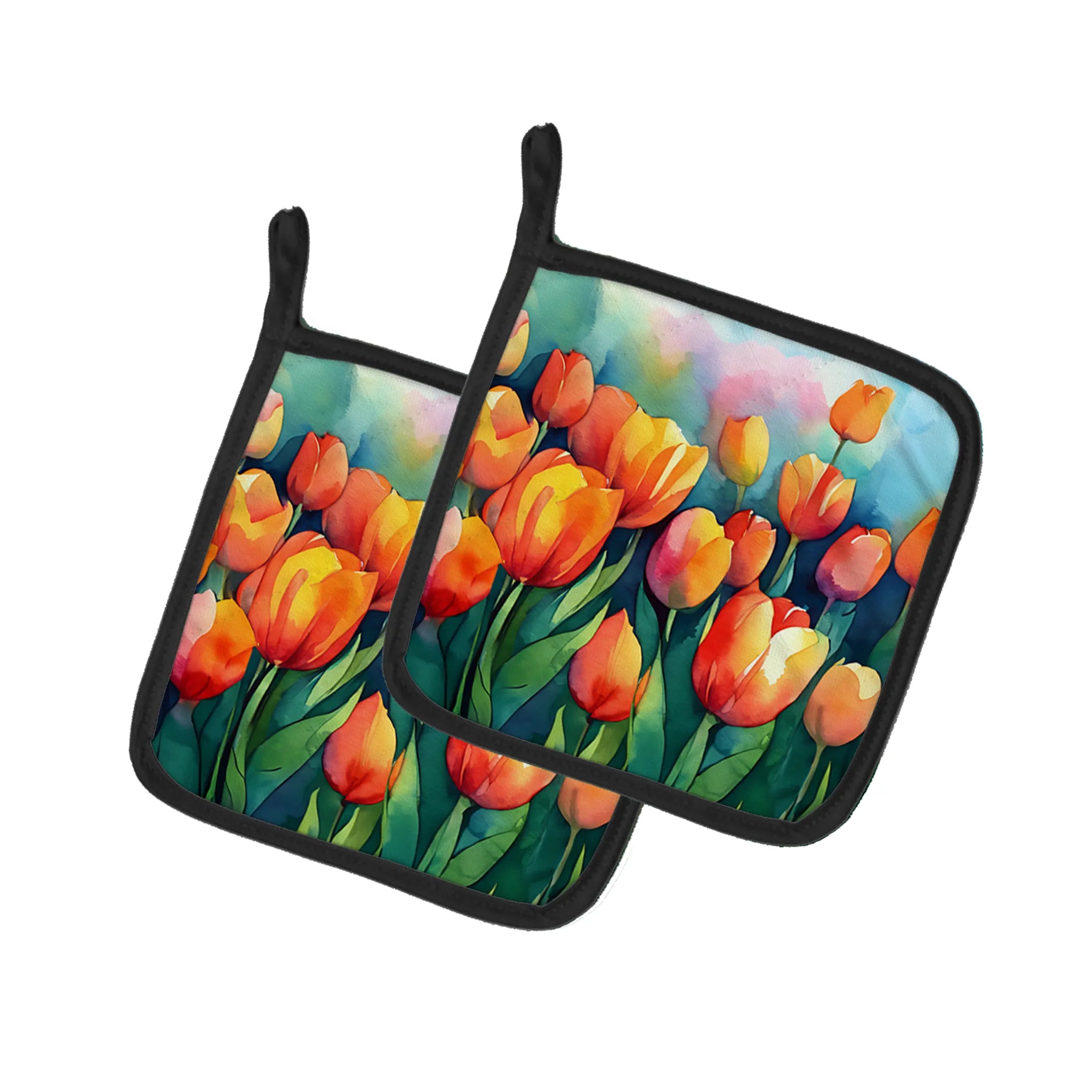 Flowers in Watercolor Pair of Pot Holders - Size: 7.5HX7.5W | Pack Of: 1 | Collection name: Flowers in watercolor