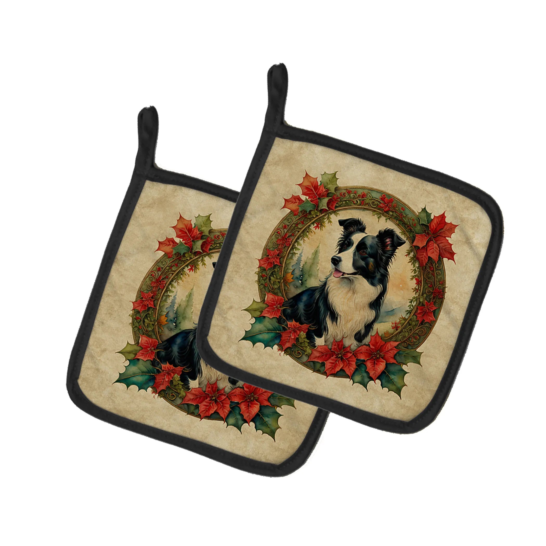 Christmas Flowers Frame Pair of Pot Holders - Size: 7.5HX7.5W | Pack Of: 1 | Collection name: Christmas flowers frame
