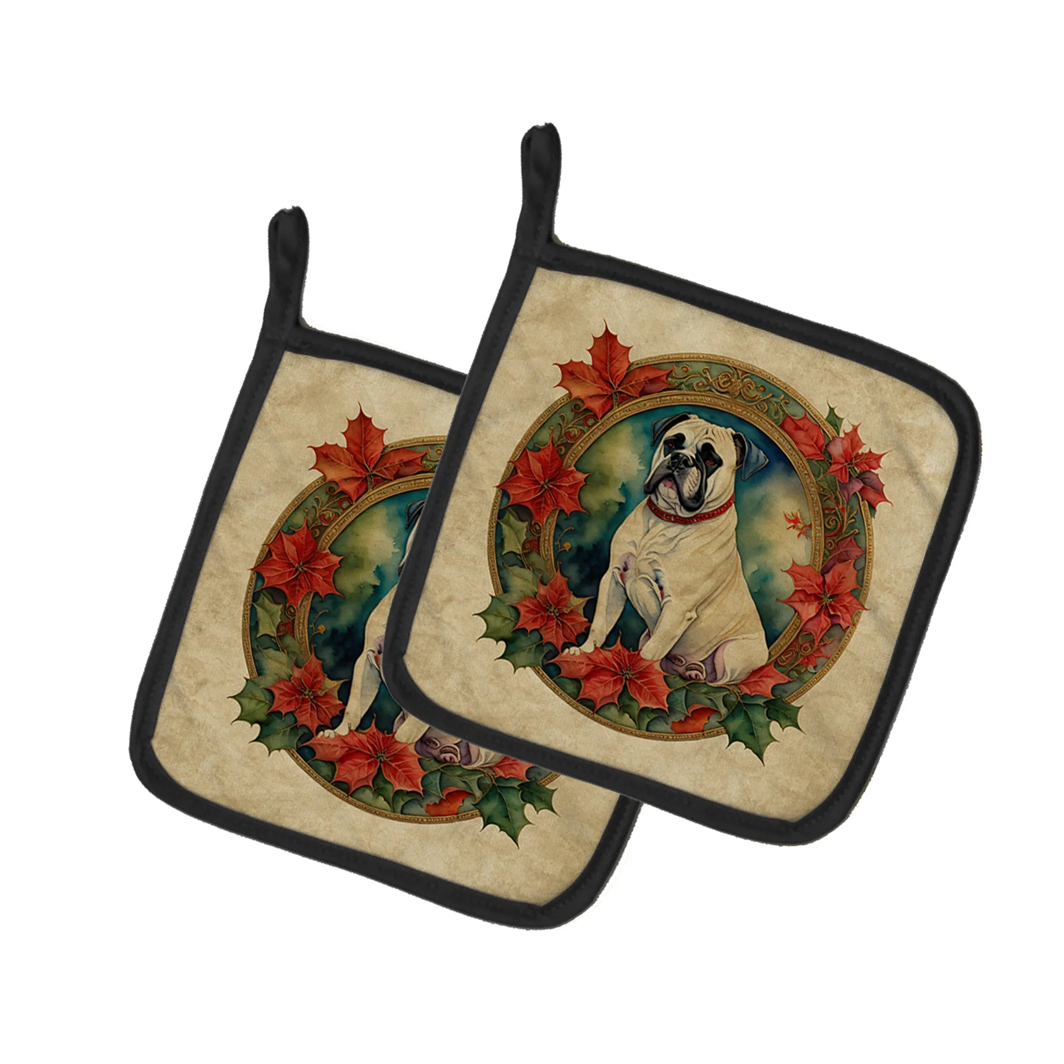 Christmas Flowers Frame Pair of Pot Holders - Size: 7.5HX7.5W | Pack Of: 1 | Collection name: Christmas flowers frame