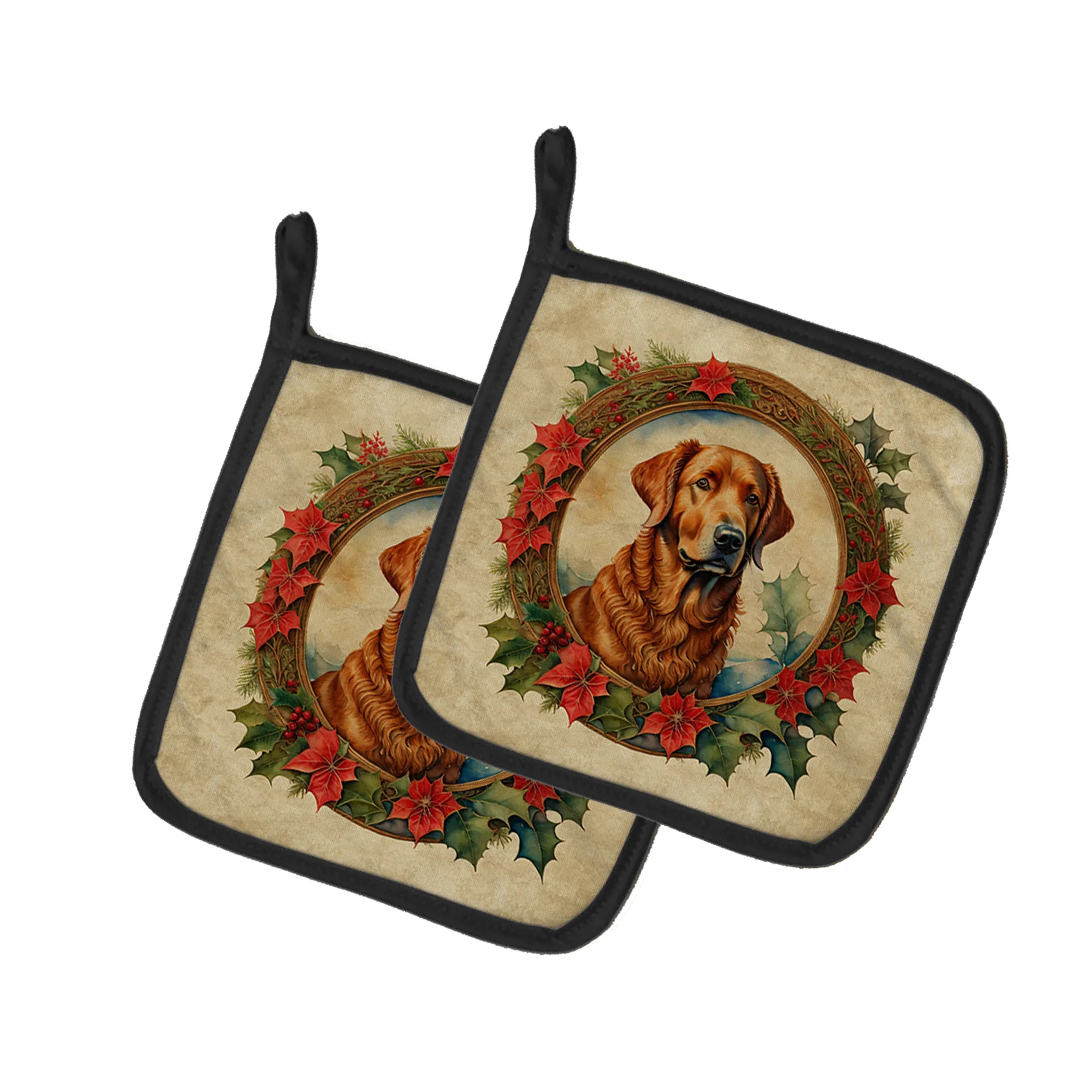 Christmas Flowers Frame Pair of Pot Holders - Size: 7.5HX7.5W | Pack Of: 1 | Collection name: Christmas flowers frame