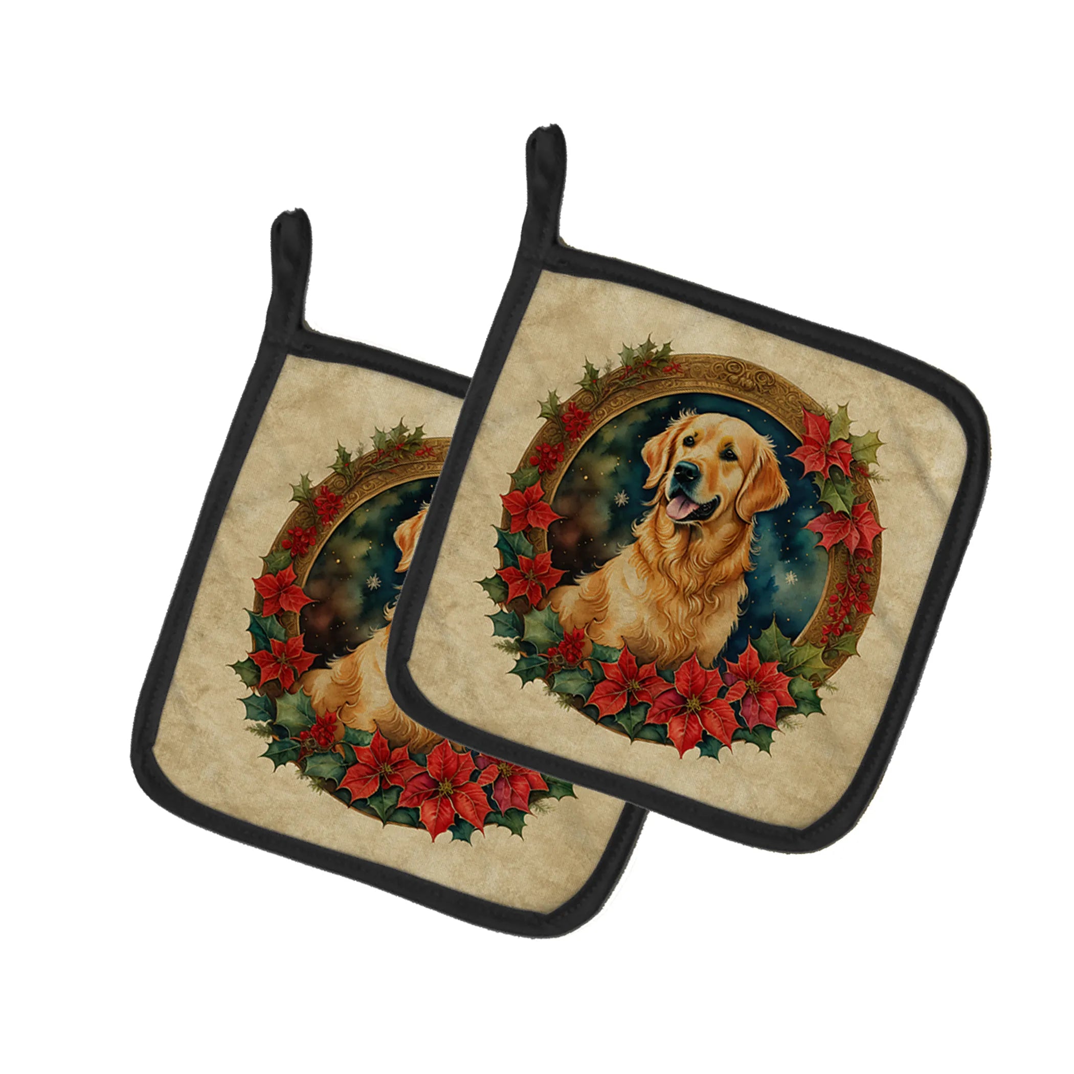 Christmas Flowers Frame Pair of Pot Holders - Size: 7.5HX7.5W | Pack Of: 1 | Collection name: Christmas flowers frame