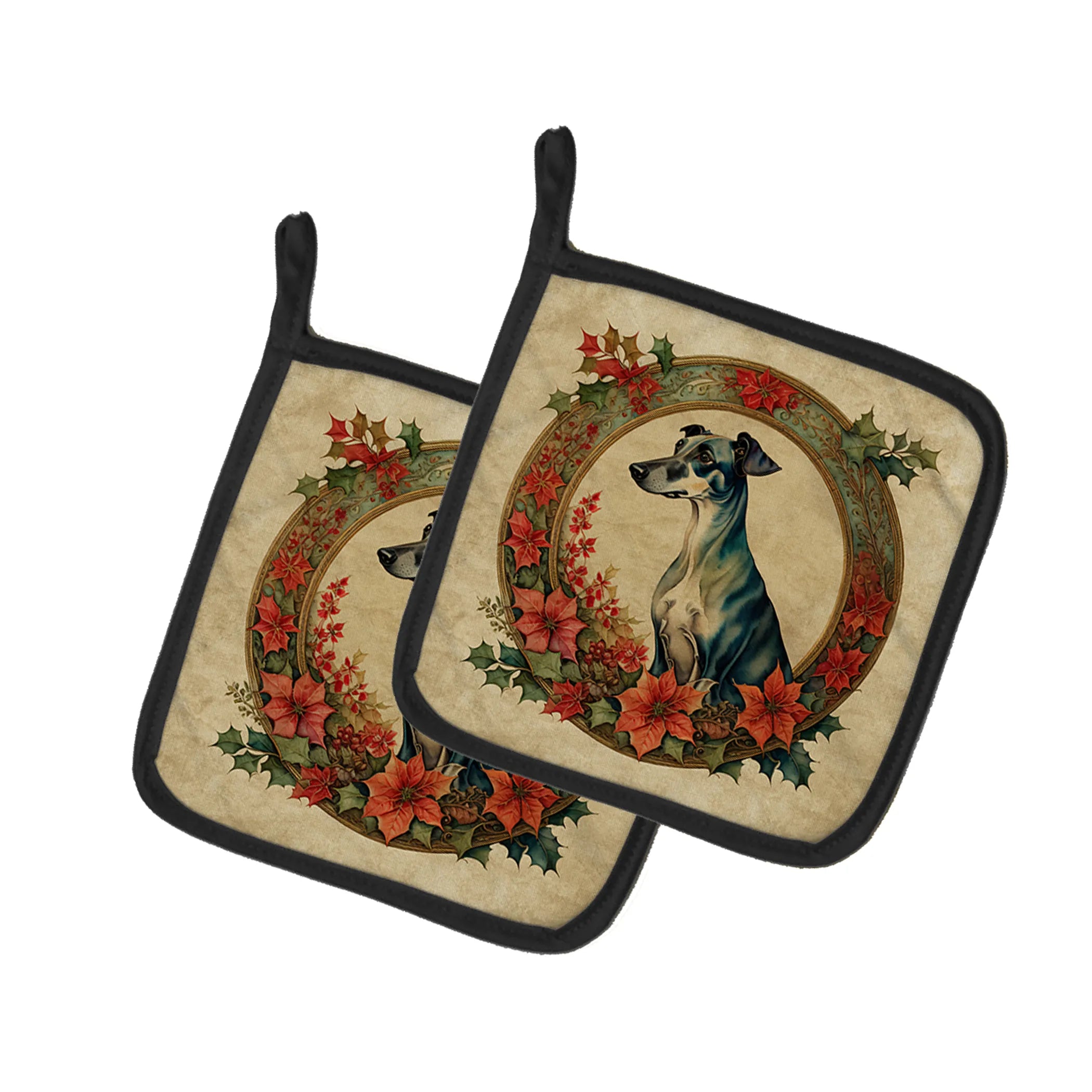 Christmas Flowers Frame Pair of Pot Holders - Size: 7.5HX7.5W | Pack Of: 1 | Collection name: Christmas flowers frame