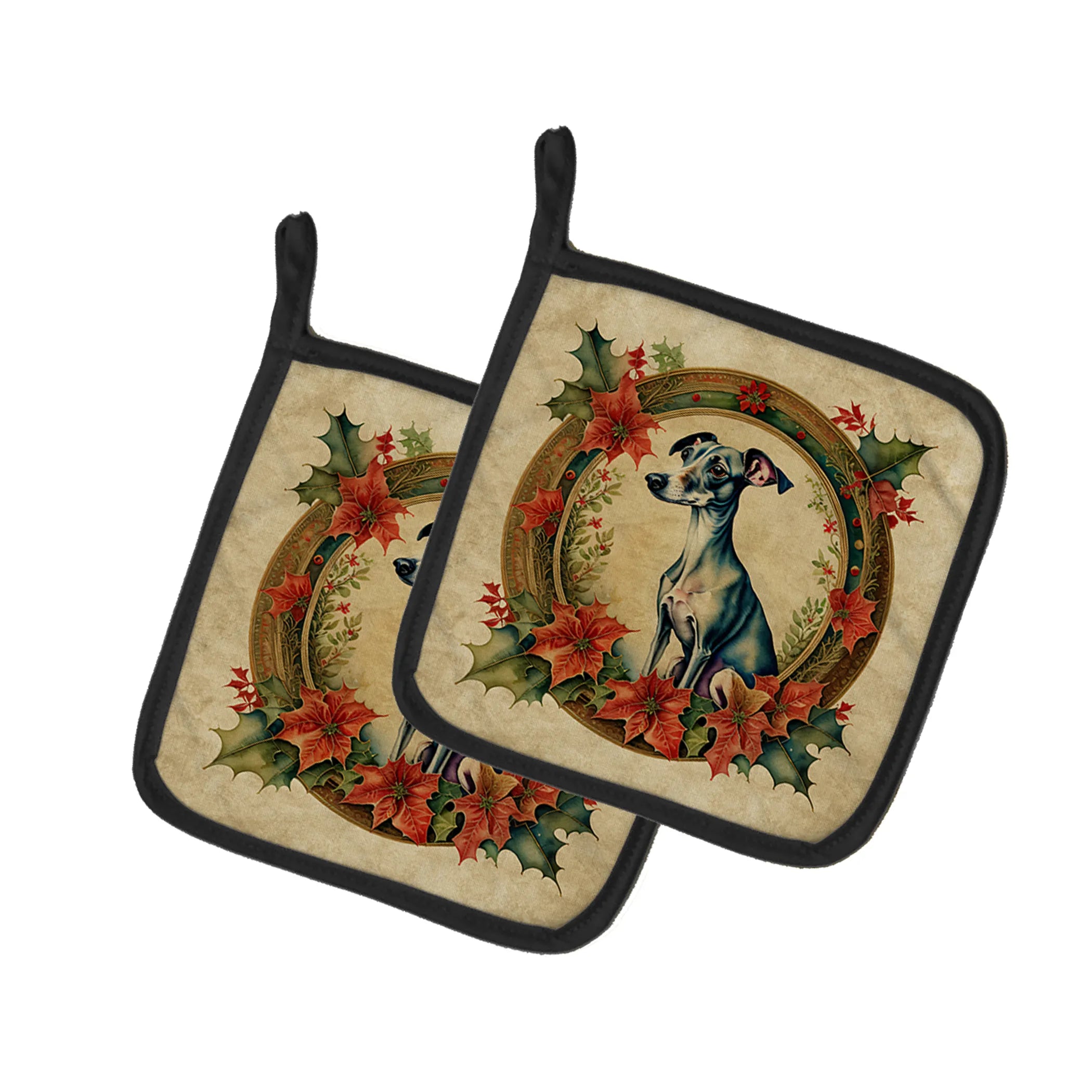Christmas Flowers Frame Pair of Pot Holders - Size: 7.5HX7.5W | Pack Of: 1 | Collection name: Christmas flowers frame