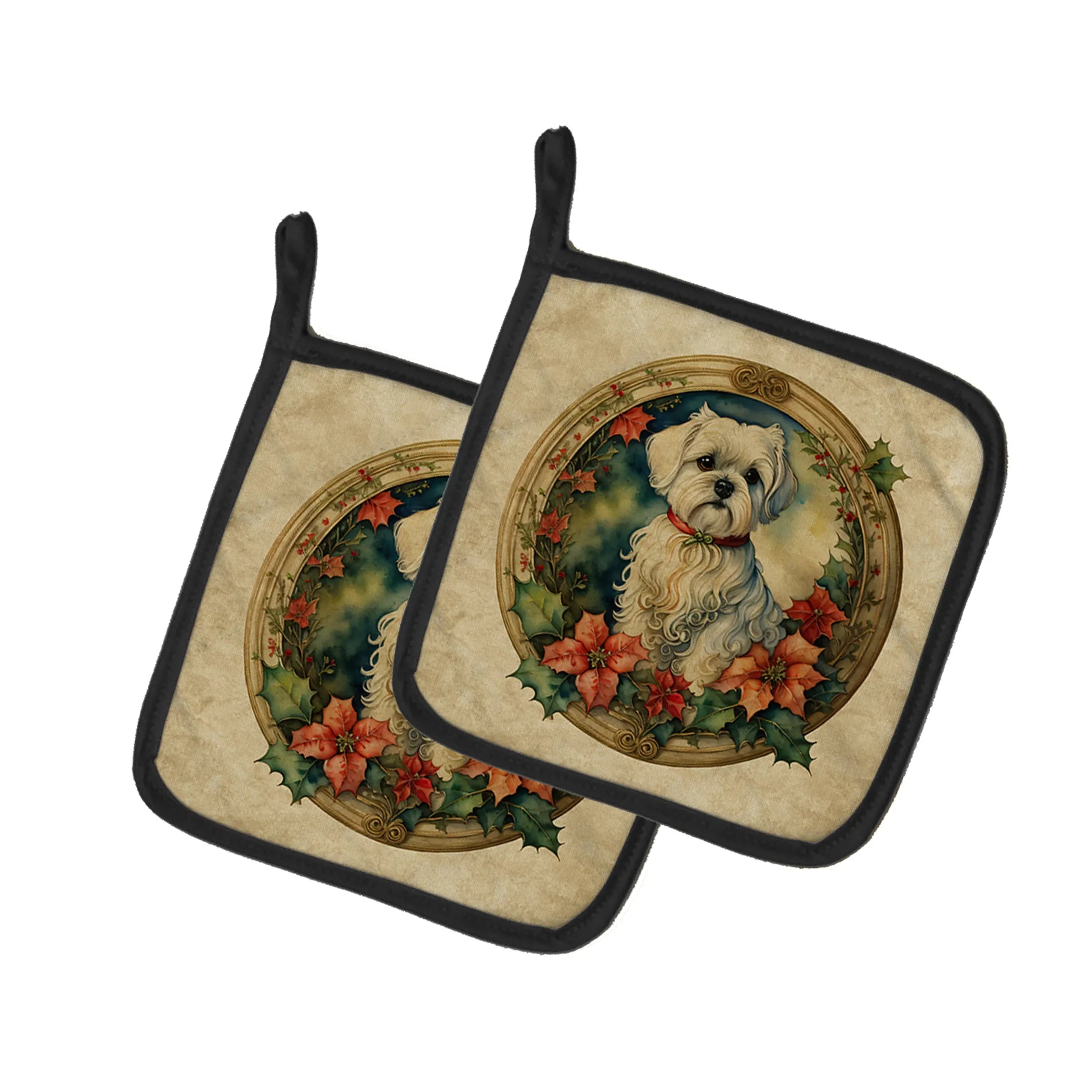 Christmas Flowers Frame Pair of Pot Holders - Size: 7.5HX7.5W | Pack Of: 1 | Collection name: Christmas flowers frame