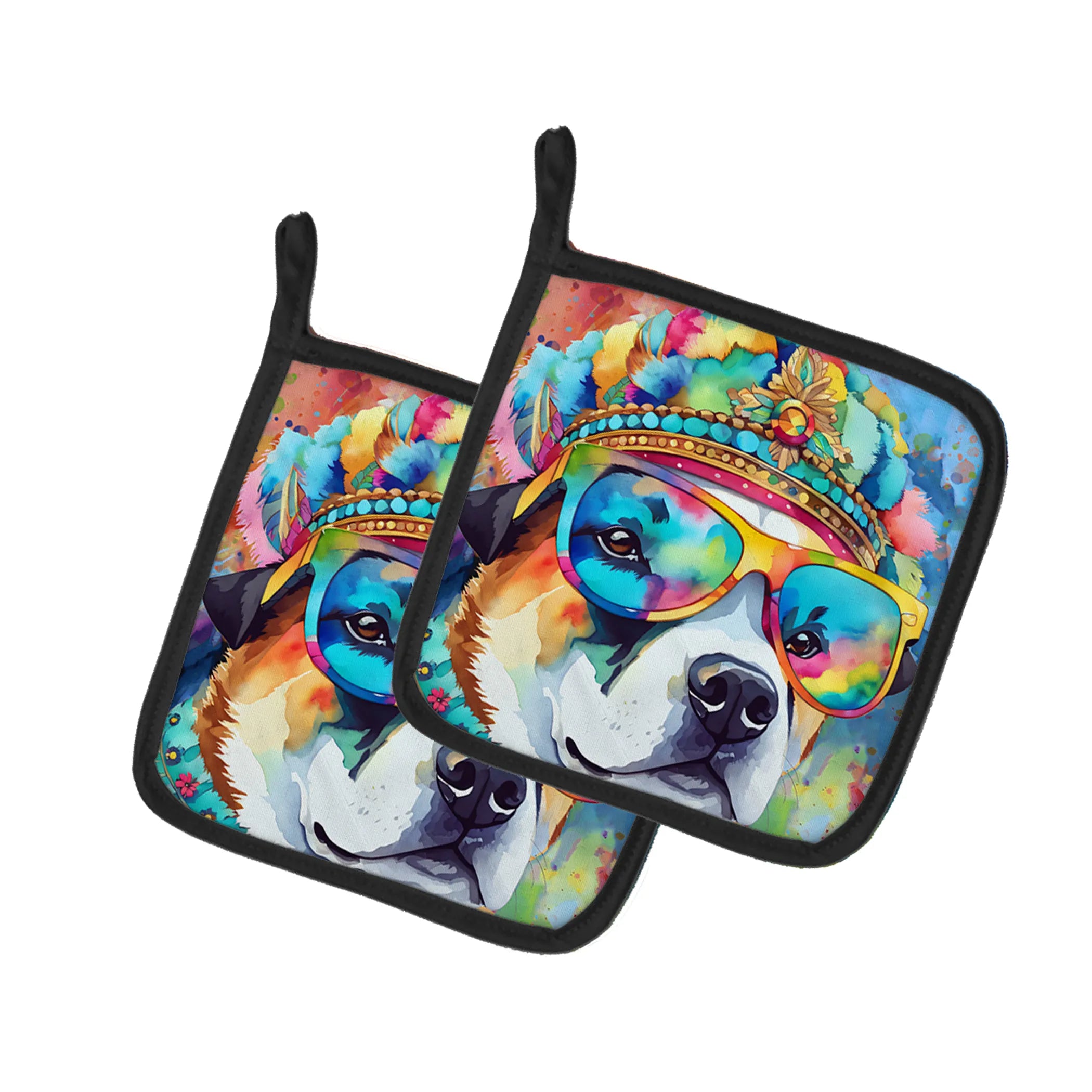 Hippie Dawg Pair of Pot Holders - Size: 7.5HX7.5W | Pack Of: 1 | Collection name: Hippie dawg