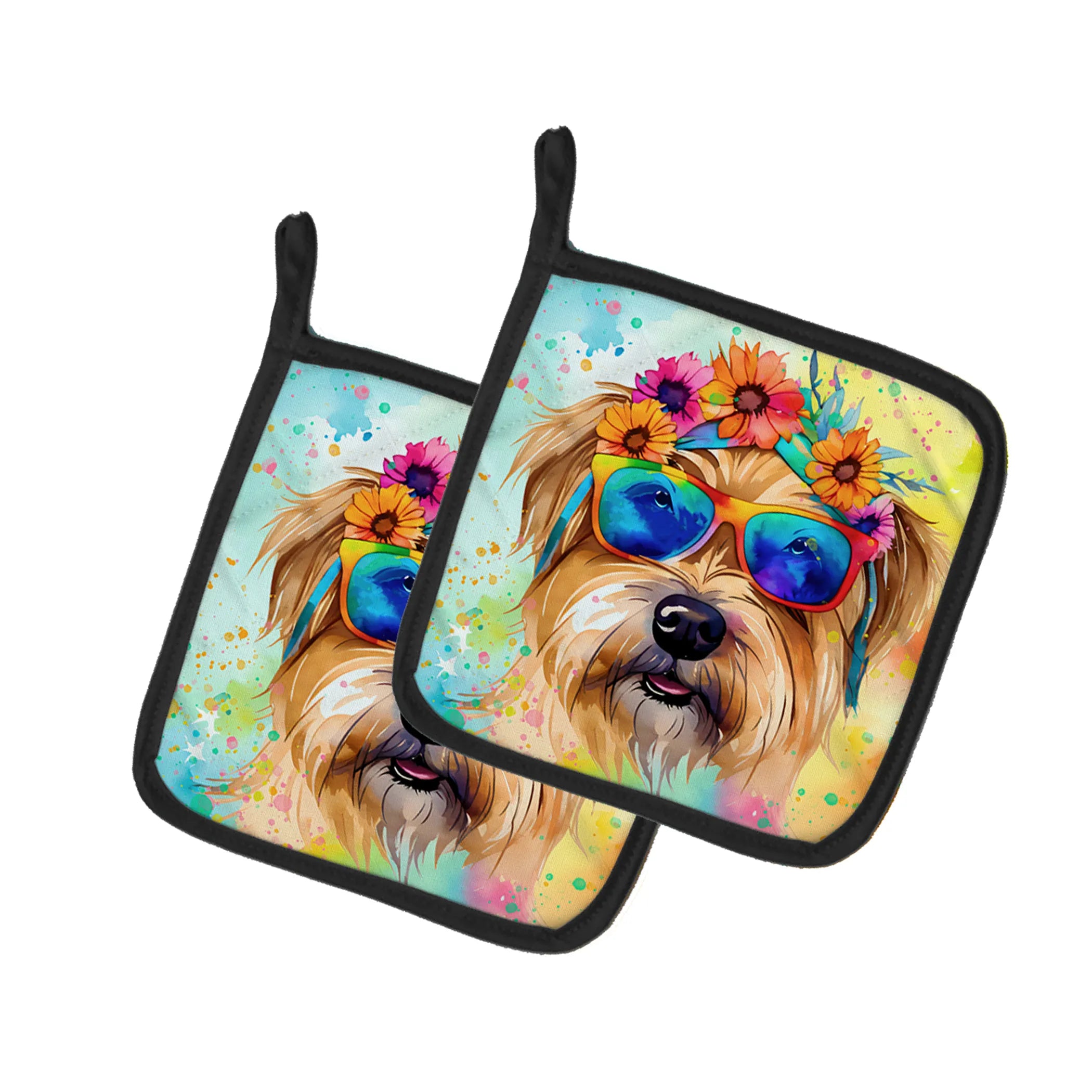 Hippie Dawg Pair of Pot Holders - Size: 7.5HX7.5W | Pack Of: 1 | Collection name: Hippie dawg
