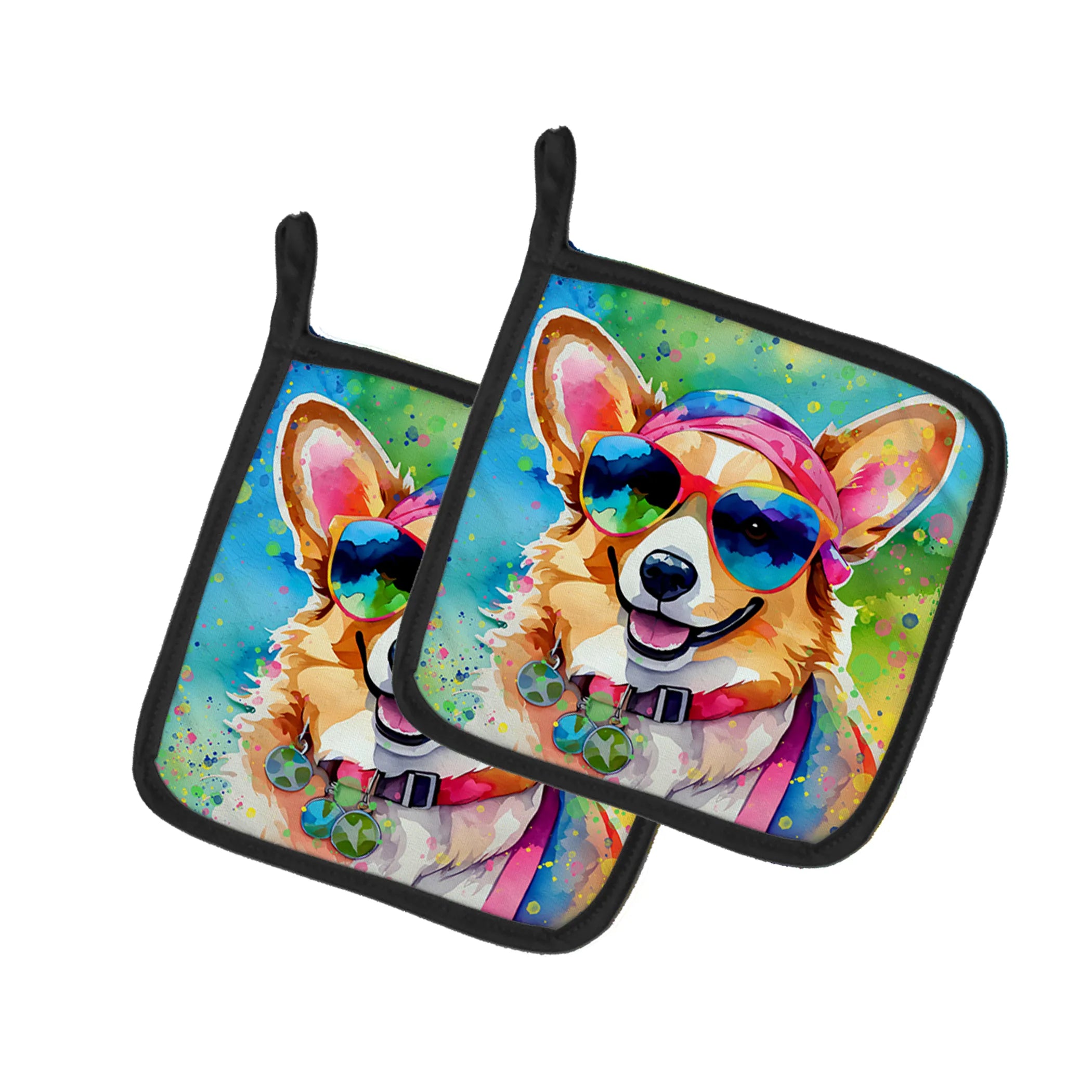 Hippie Dawg Pair of Pot Holders - Size: 7.5HX7.5W | Pack Of: 1 | Collection name: Hippie dawg