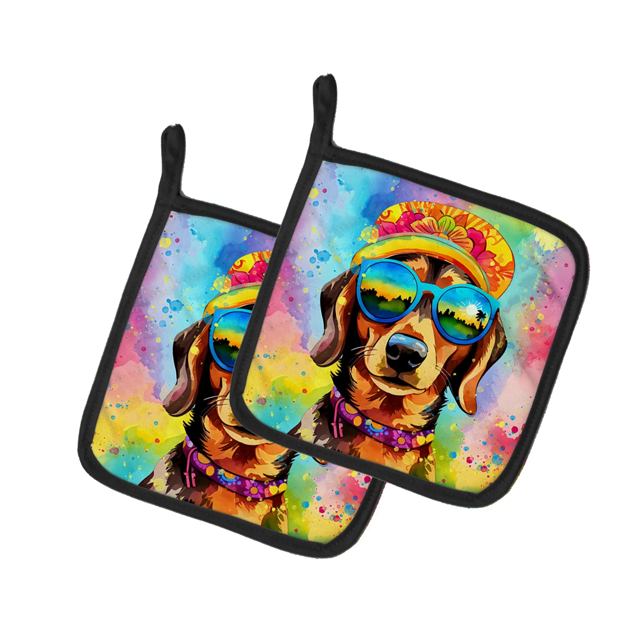 Hippie Dawg Pair of Pot Holders - Size: 7.5HX7.5W | Pack Of: 1 | Collection name: Hippie dawg