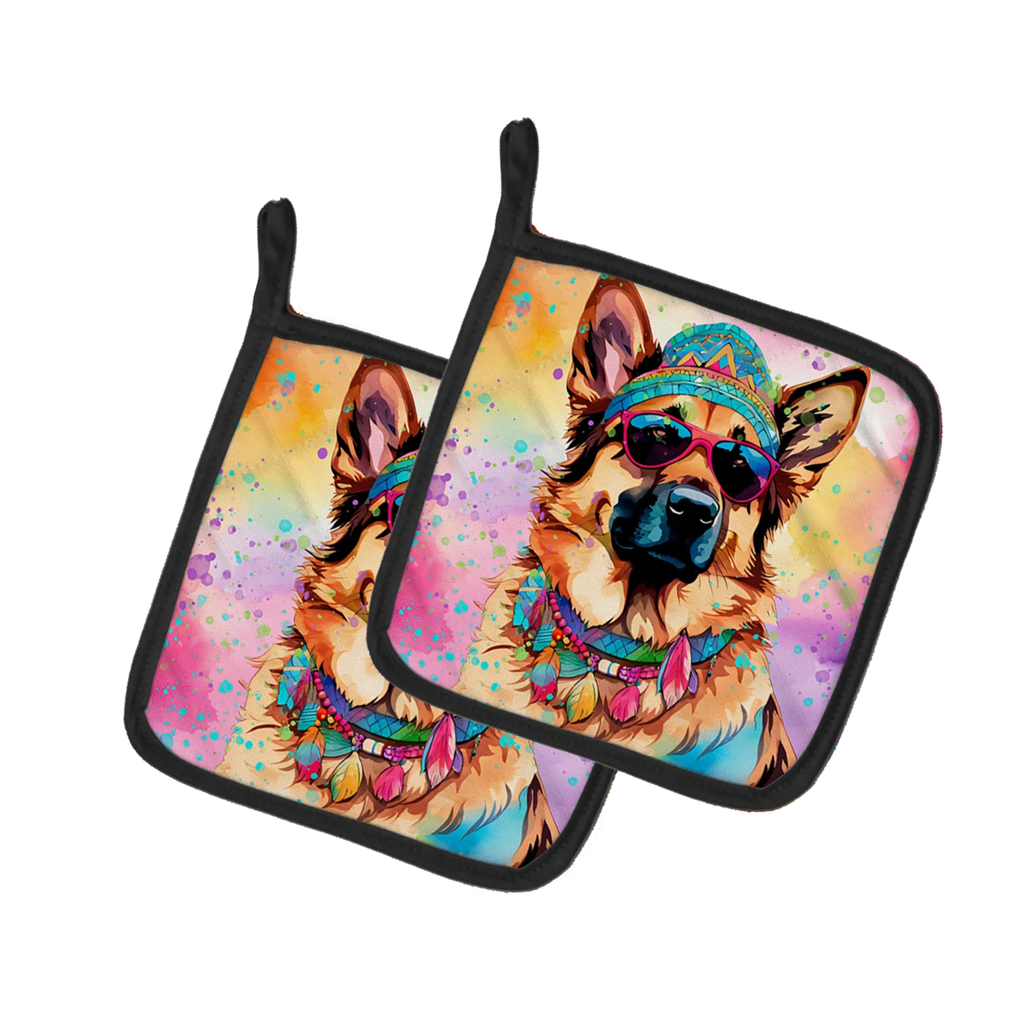 Hippie Dawg Pair of Pot Holders - Size: 7.5HX7.5W | Pack Of: 1 | Collection name: Hippie dawg