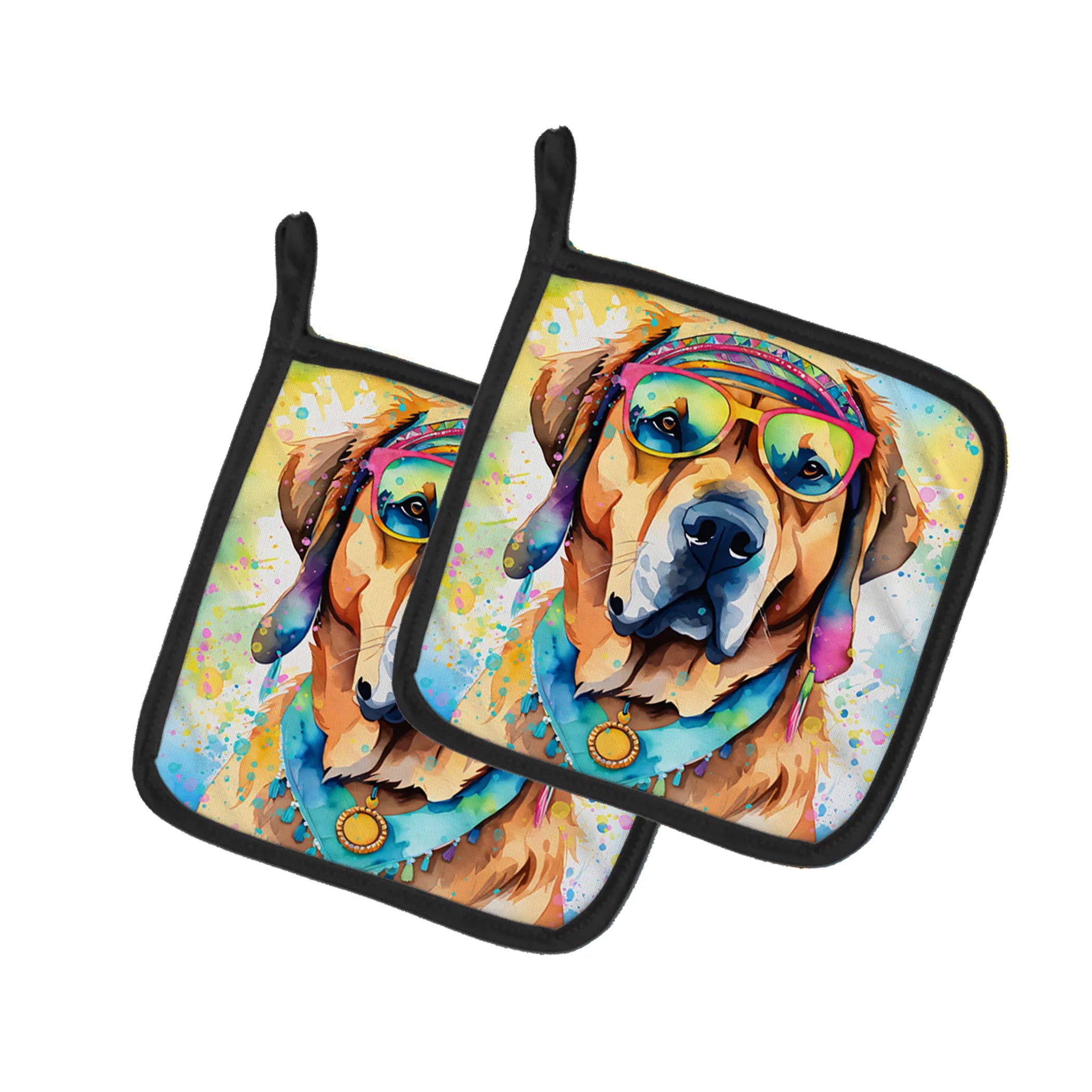 Hippie Dawg Pair of Pot Holders - Size: 7.5HX7.5W | Pack Of: 1 | Collection name: Hippie dawg