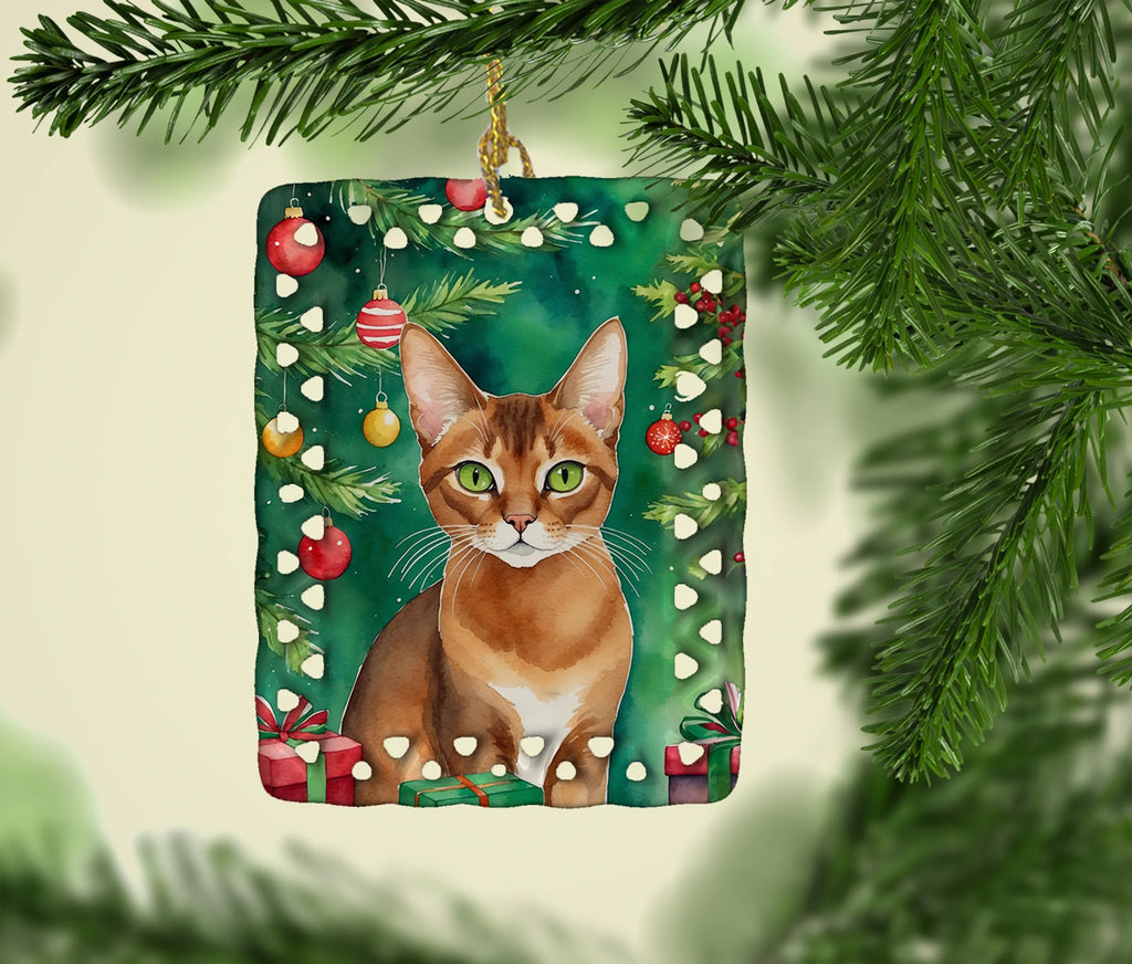 Cat By Christmas Tree Porcelain Ornament
