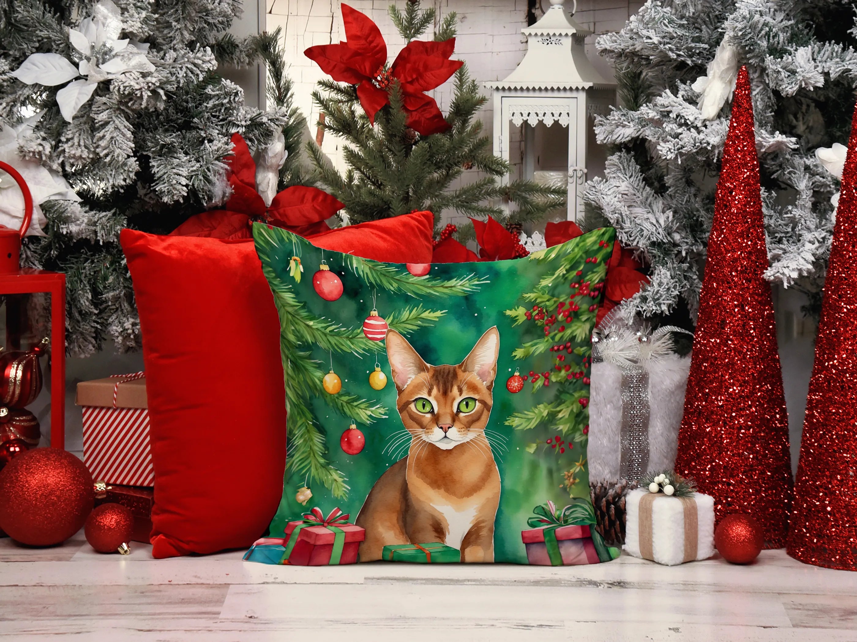 Cat By Christmas Tree Throw Pillow - Pack Of: 1 | Collection name: Cat by christmas tree
