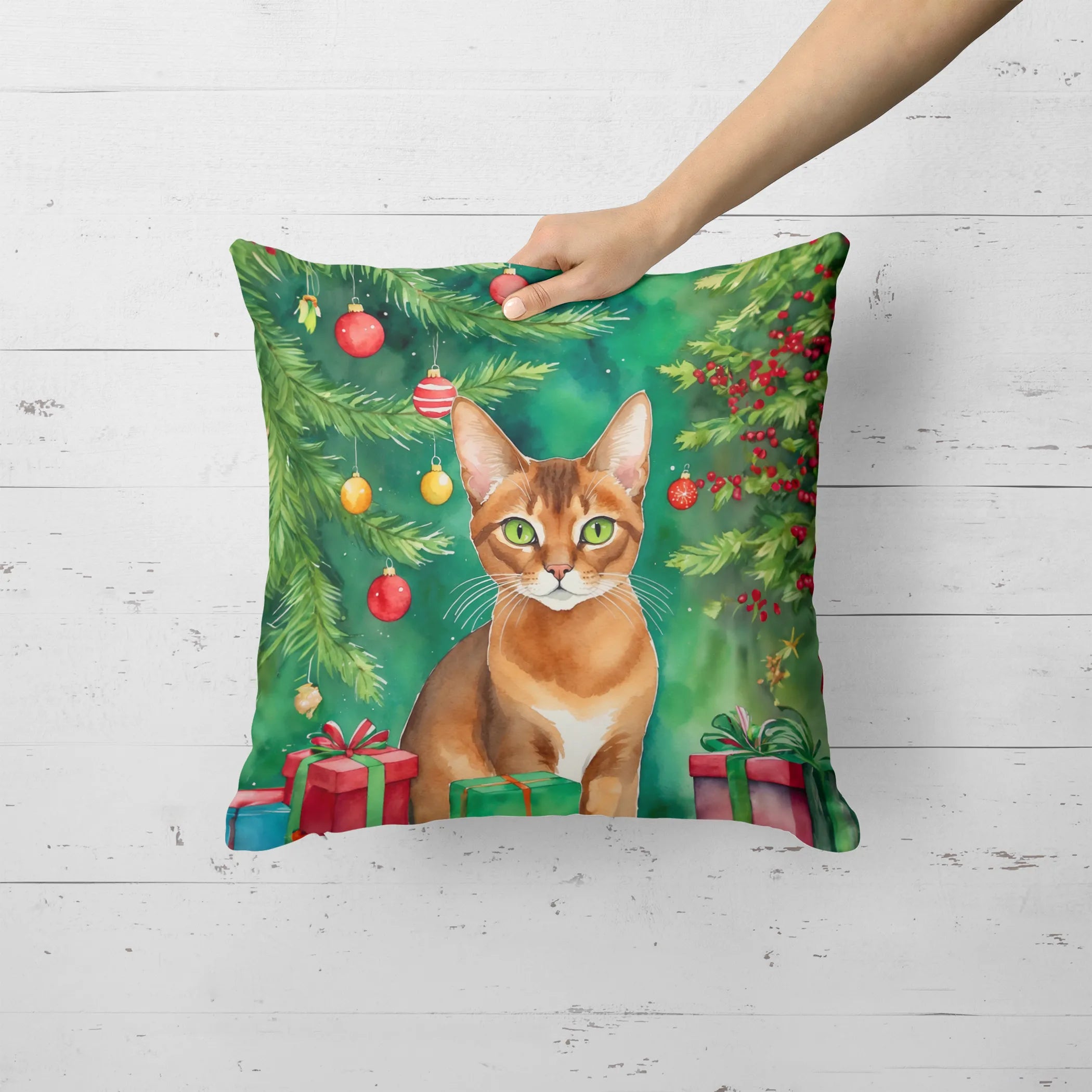 Cat By Christmas Tree Throw Pillow - Pack Of: 1 | Collection name: Cat by christmas tree