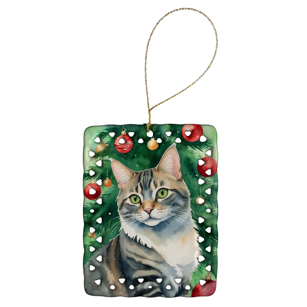 Cat By Christmas Tree Porcelain Ornament