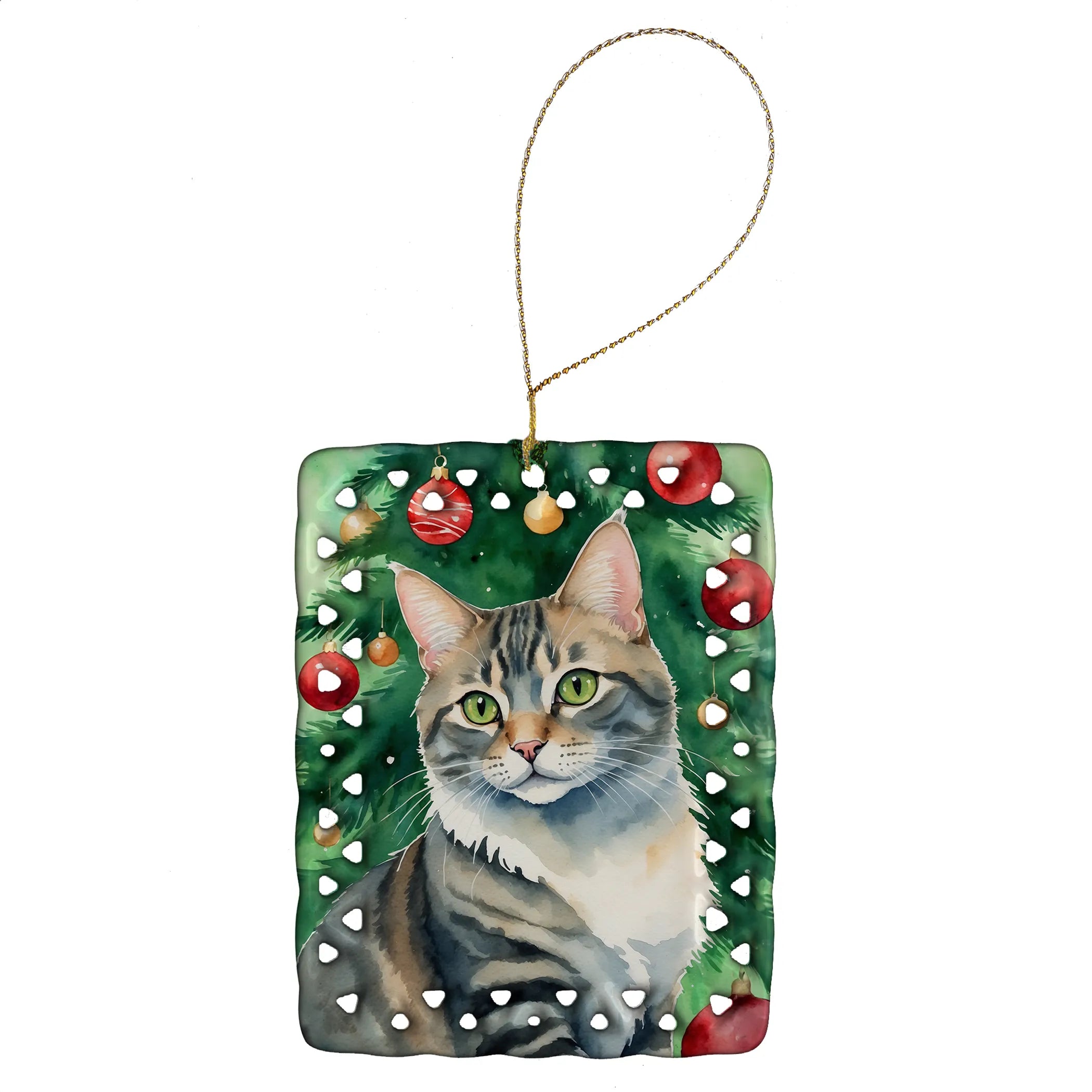 Cat By Christmas Tree Porcelain Ornament