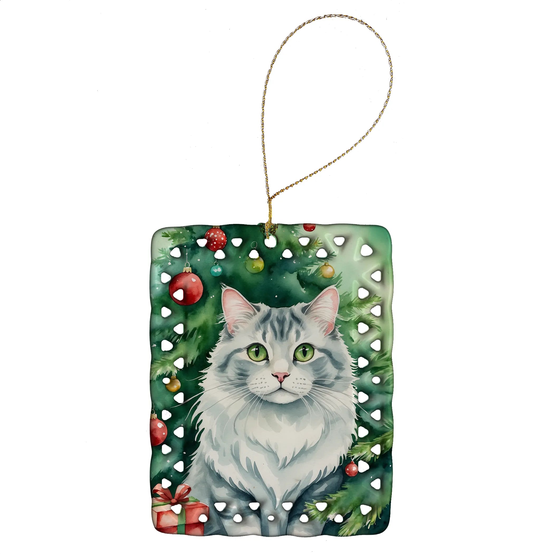 Cat By Christmas Tree Porcelain Ornament