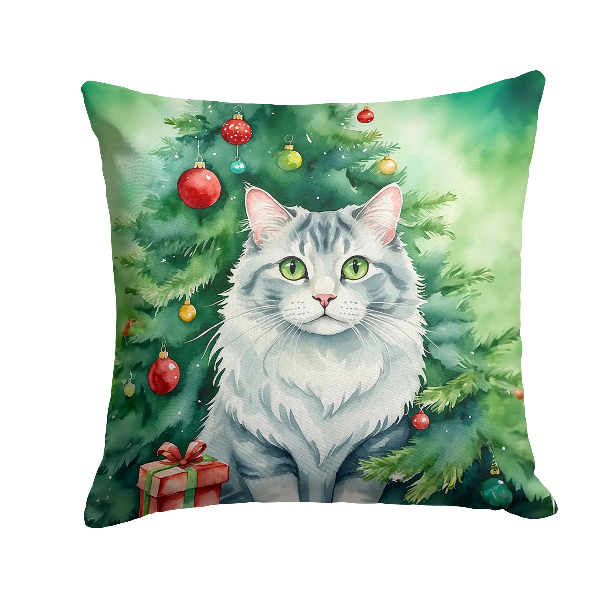 Cat By Christmas Tree Throw Pillow - Pack Of: 1 | Collection name: Cat by christmas tree