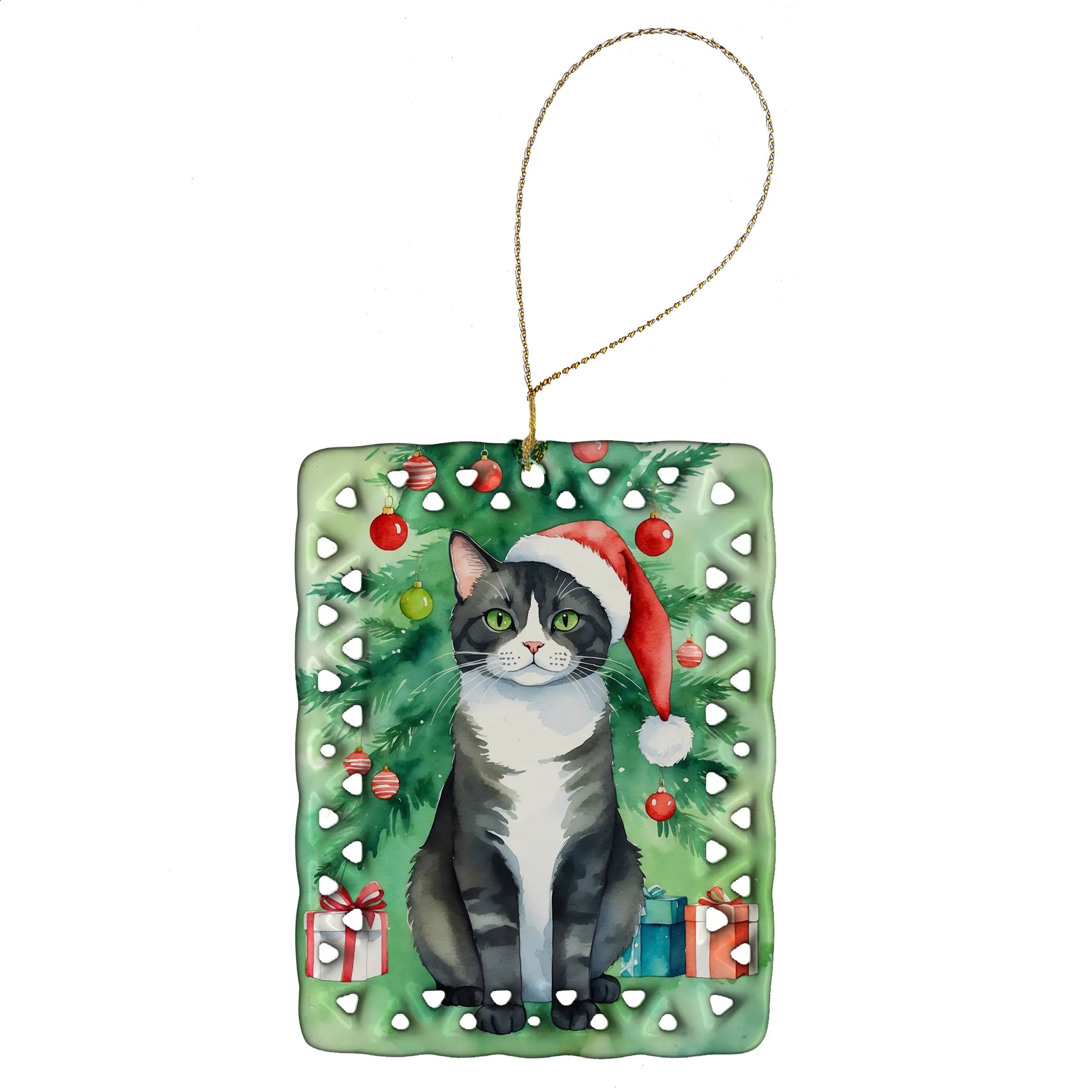 Cat By Christmas Tree Porcelain Ornament
