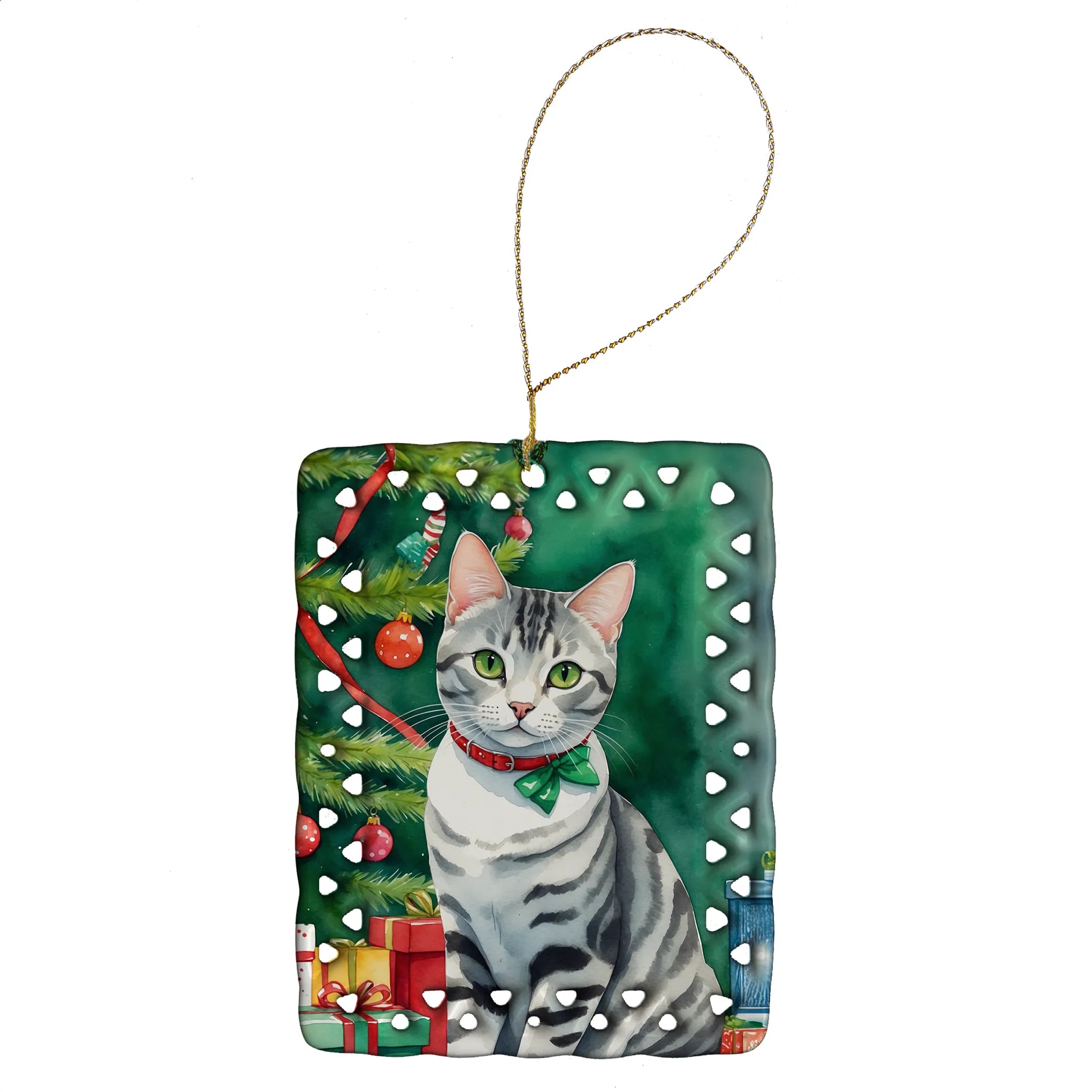 Cat By Christmas Tree Porcelain Ornament