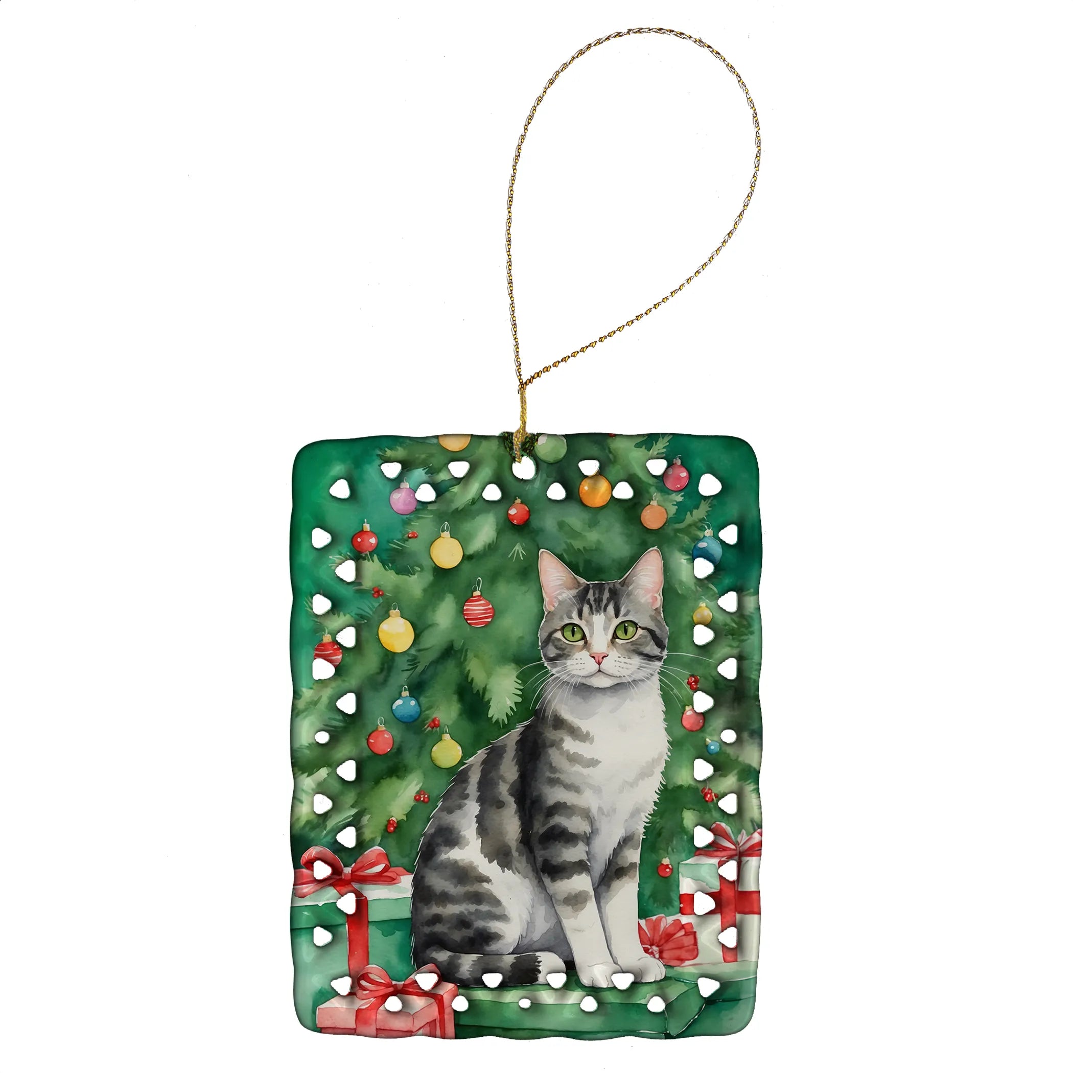 Cat By Christmas Tree Porcelain Ornament