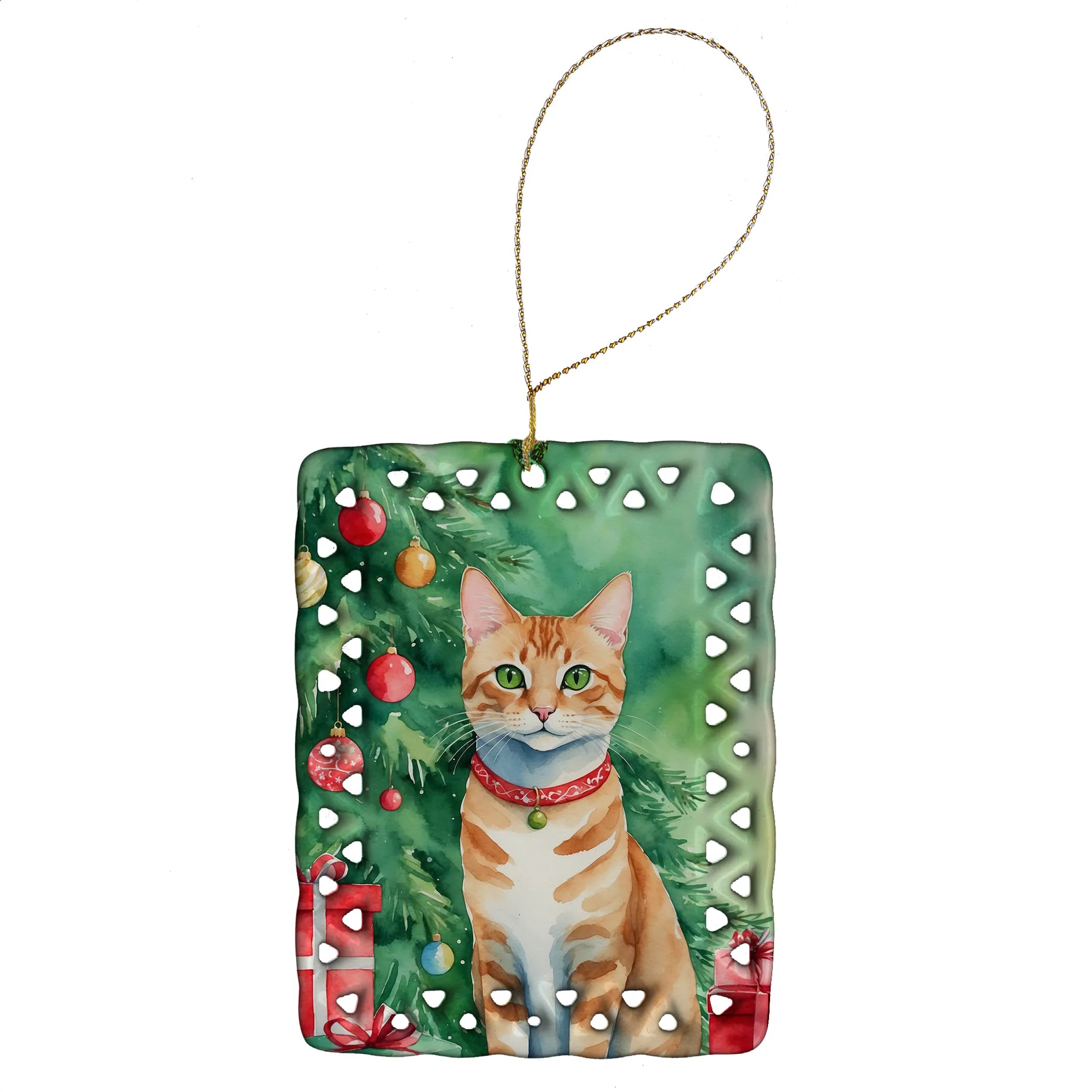 Cat By Christmas Tree Porcelain Ornament