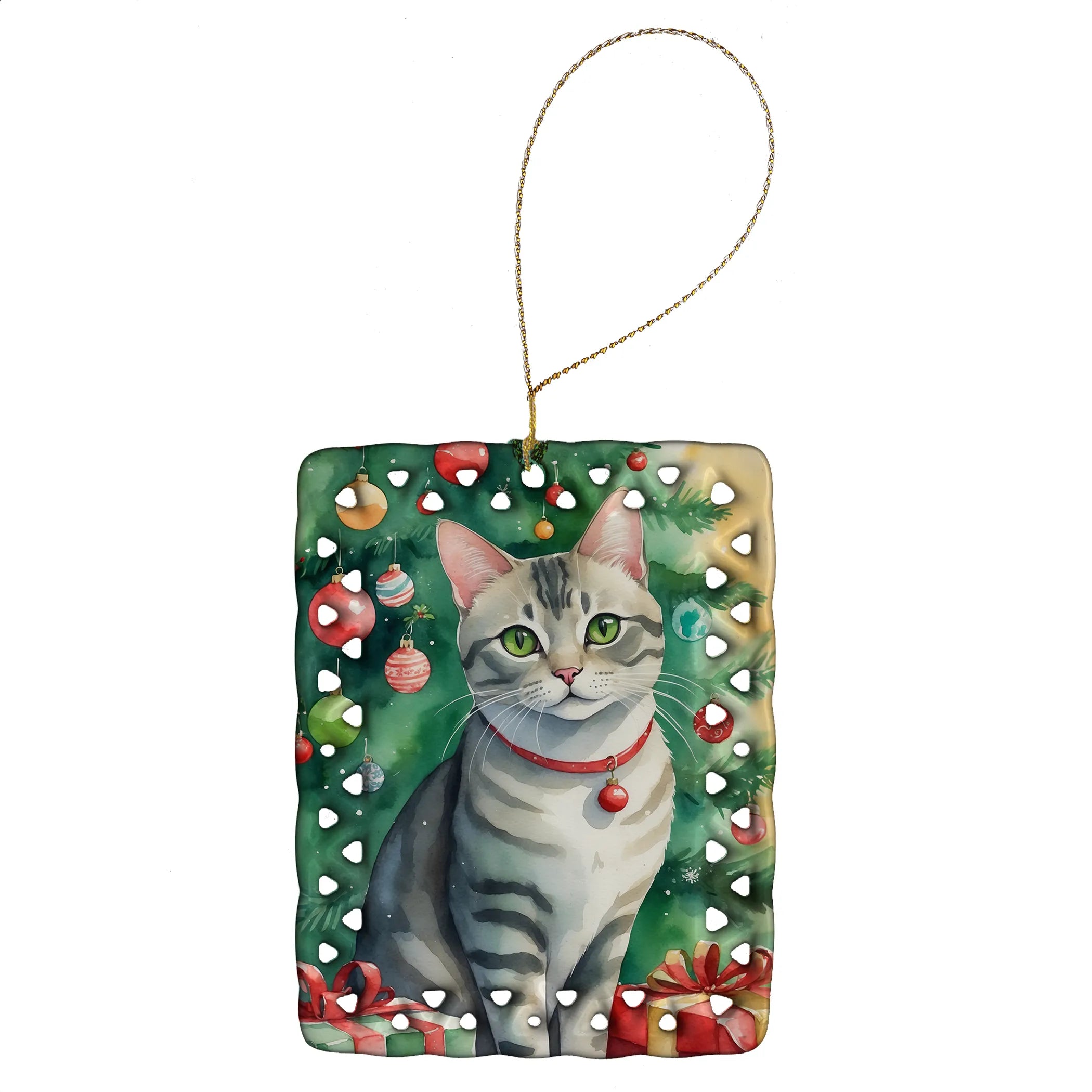 Cat By Christmas Tree Porcelain Ornament