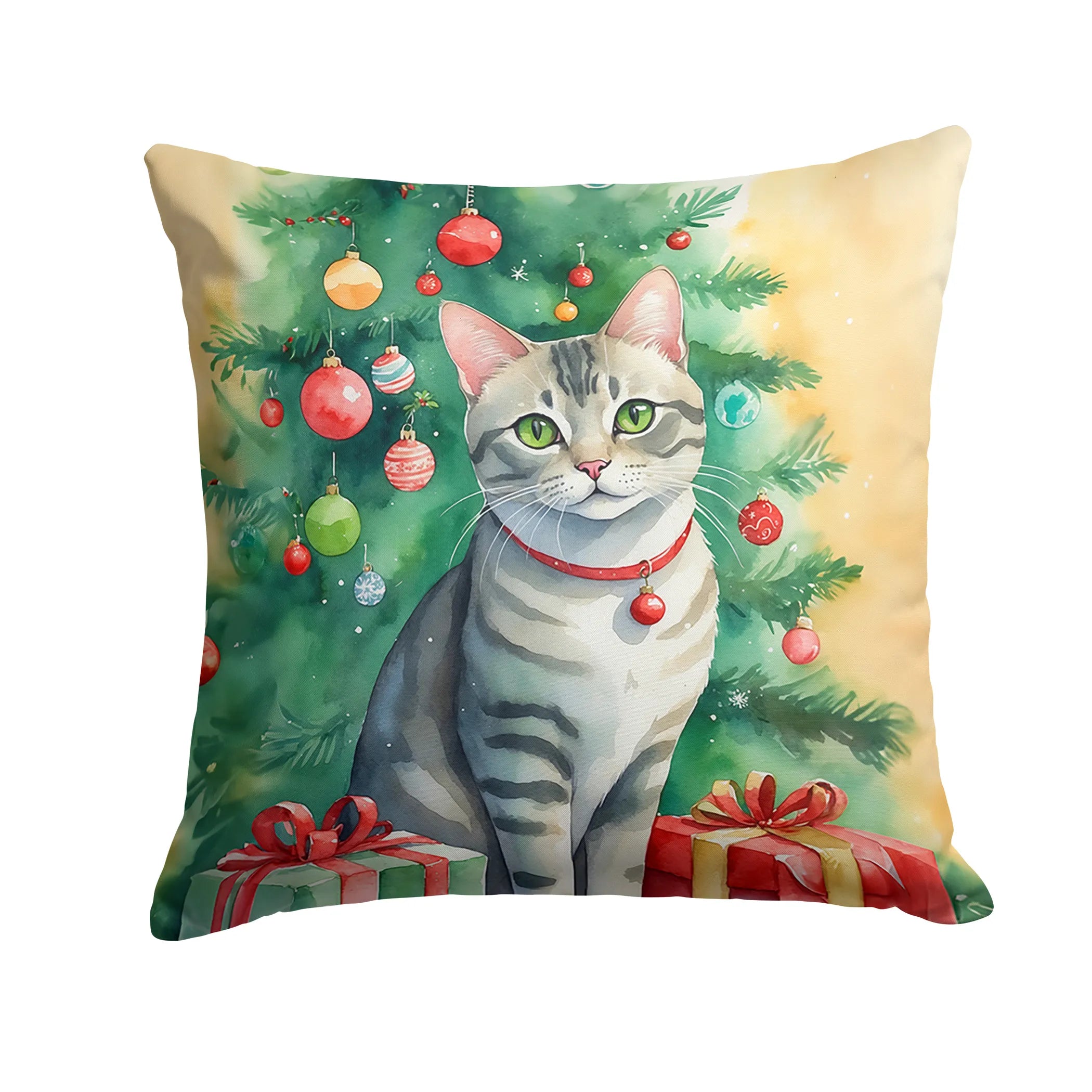 Cat By Christmas Tree Throw Pillow - Pack Of: 1 | Collection name: Cat by christmas tree