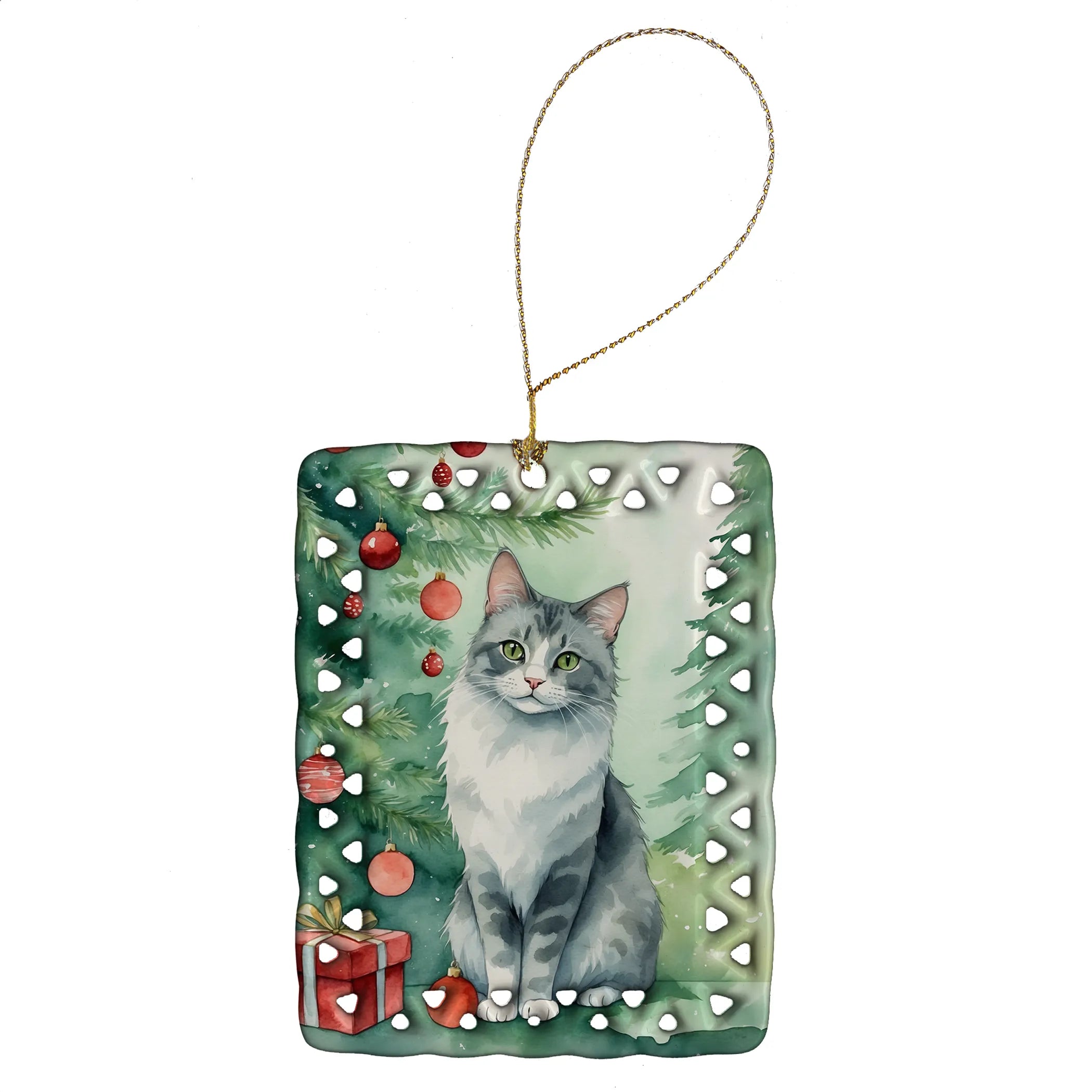 Cat By Christmas Tree Porcelain Ornament