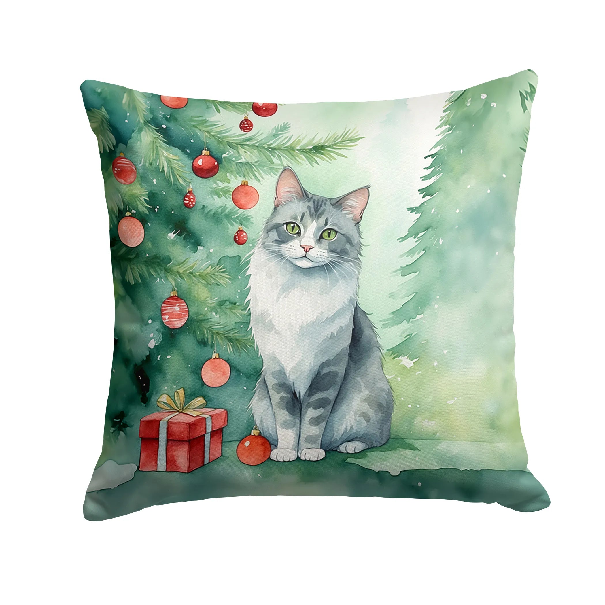 Cat By Christmas Tree Throw Pillow - Pack Of: 1 | Collection name: Cat by christmas tree