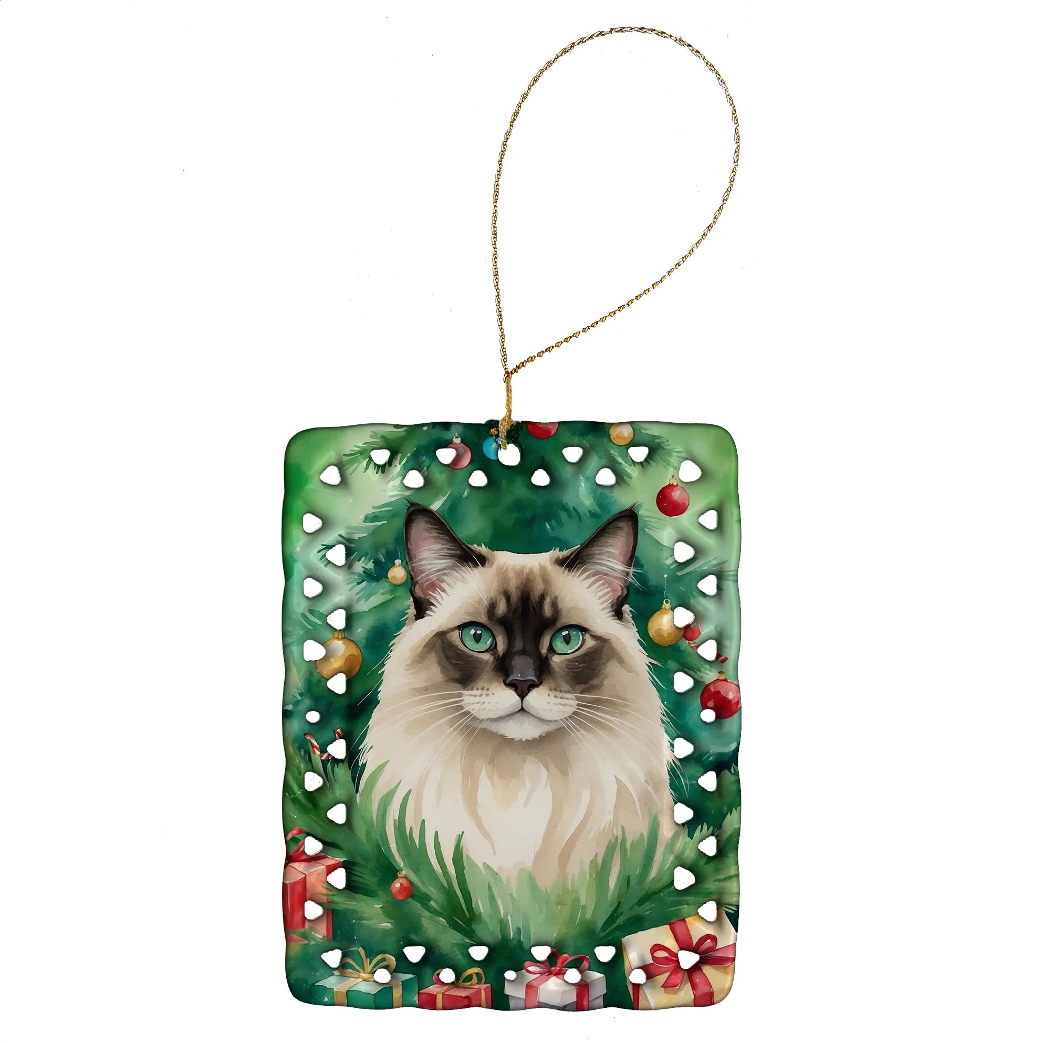 Cat By Christmas Tree Porcelain Ornament
