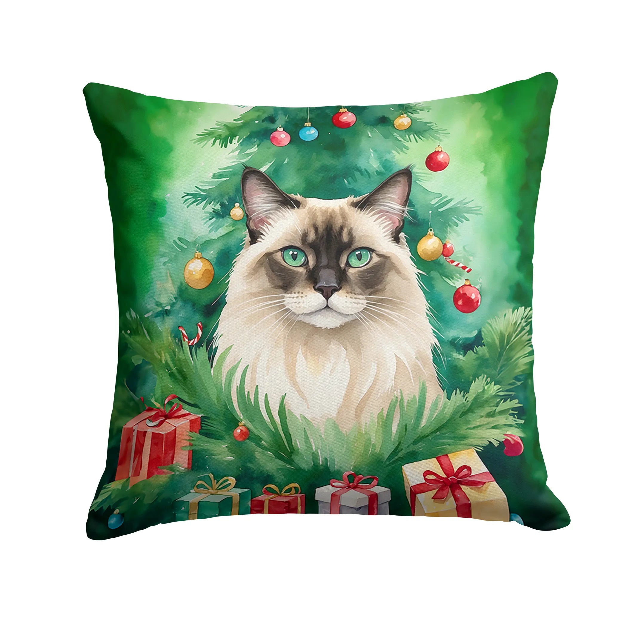 Cat By Christmas Tree Throw Pillow - Pack Of: 1 | Collection name: Cat by christmas tree