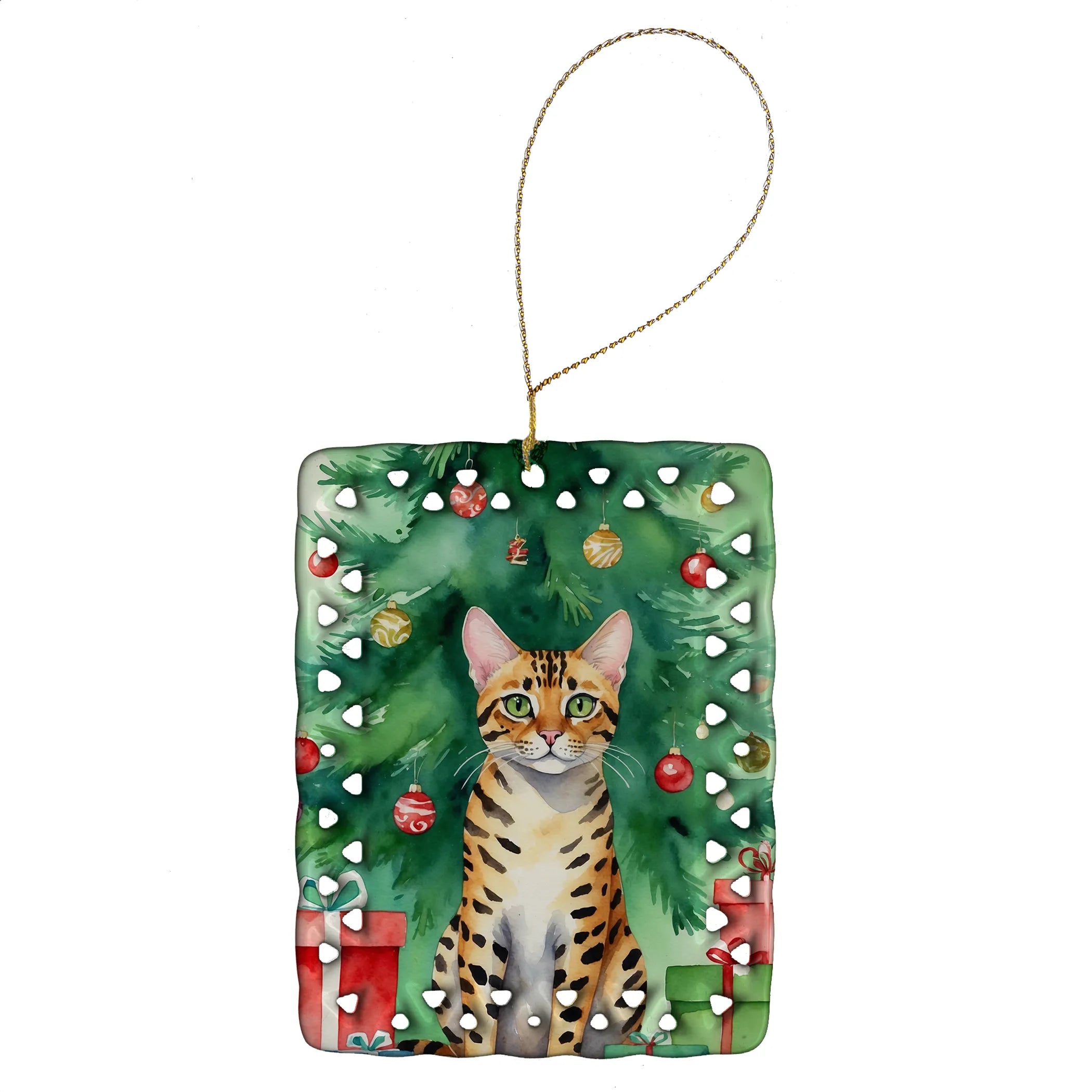 Cat By Christmas Tree Porcelain Ornament