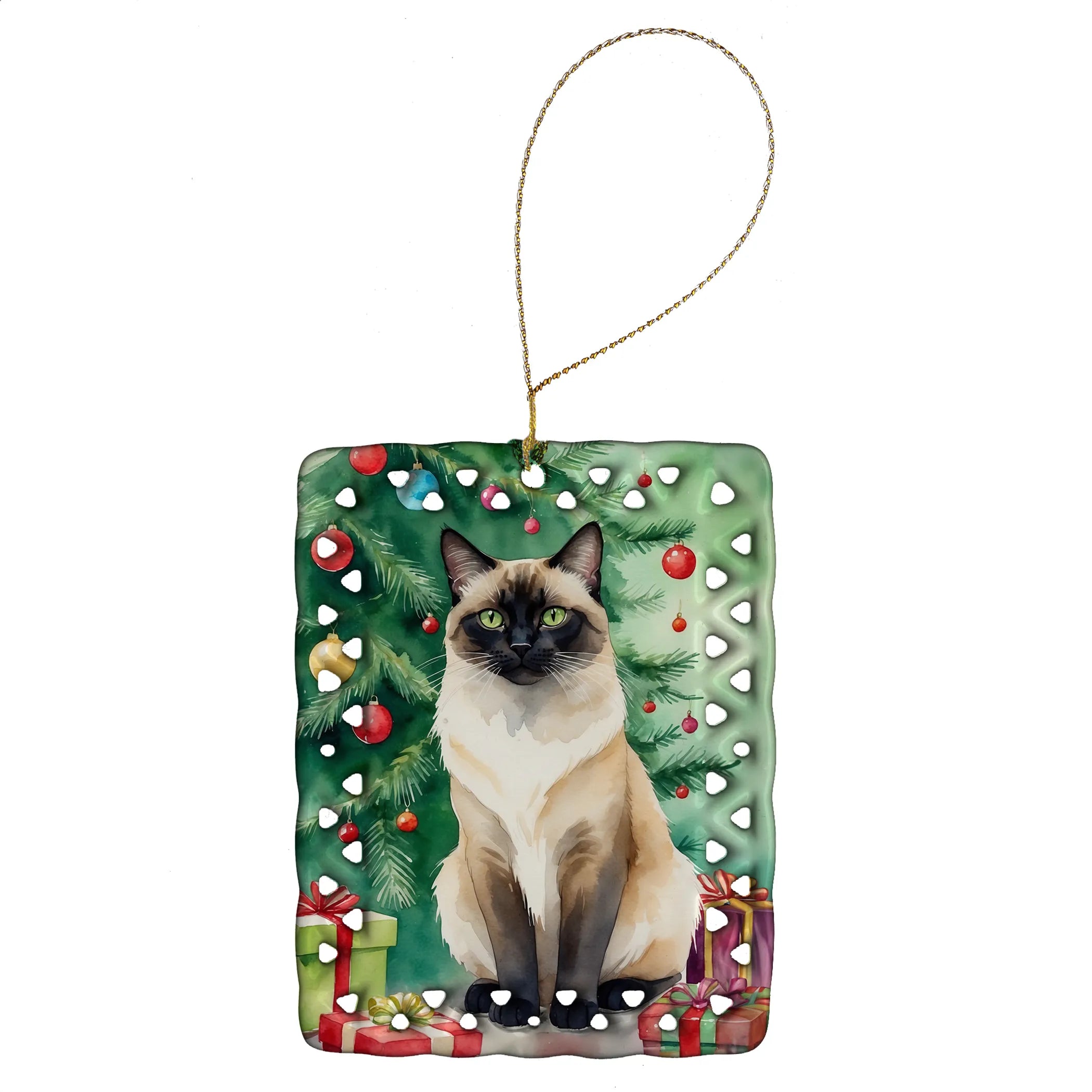 Cat By Christmas Tree Porcelain Ornament