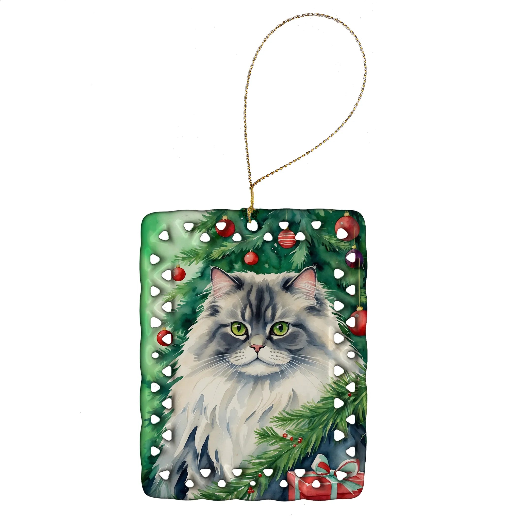 Cat By Christmas Tree Porcelain Ornament