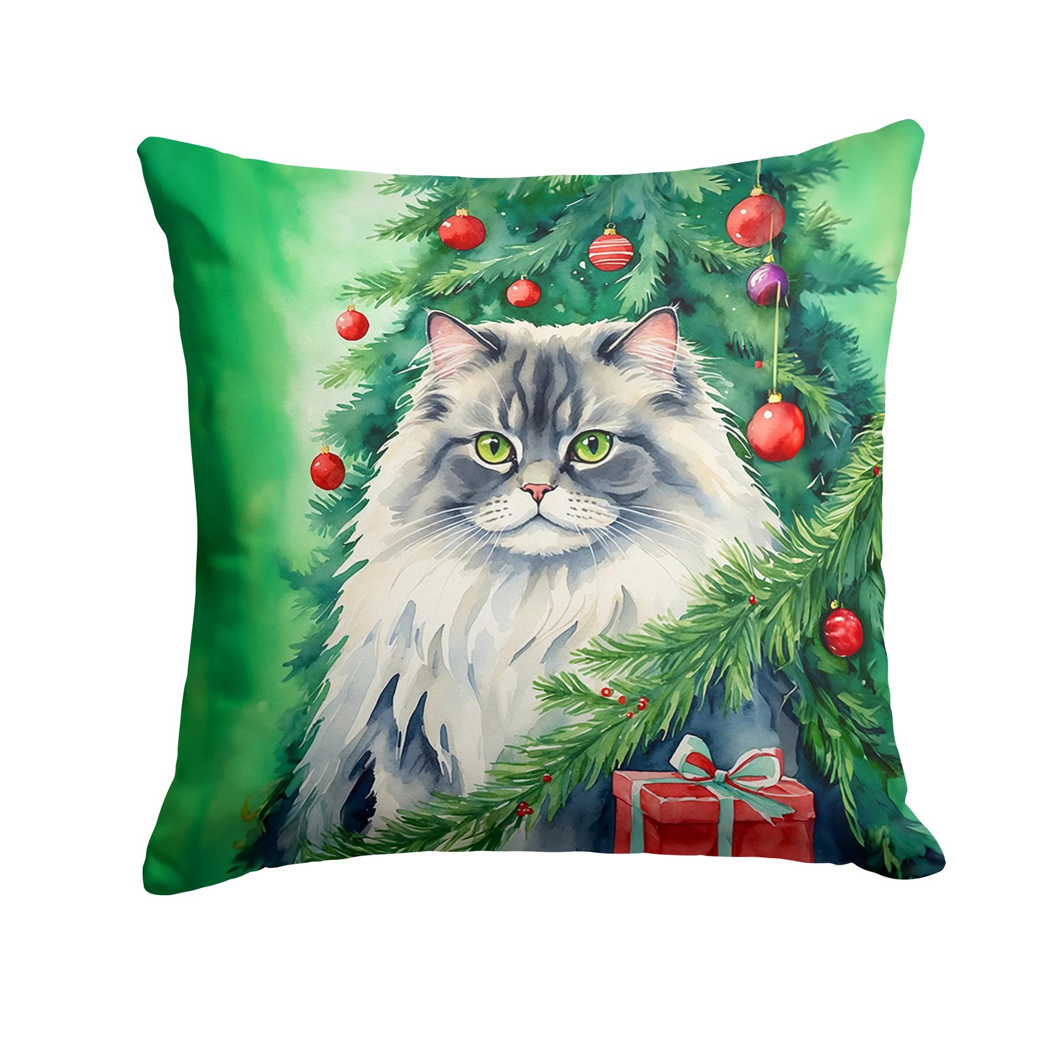 Cat By Christmas Tree Throw Pillow - Pack Of: 1 | Collection name: Cat by christmas tree