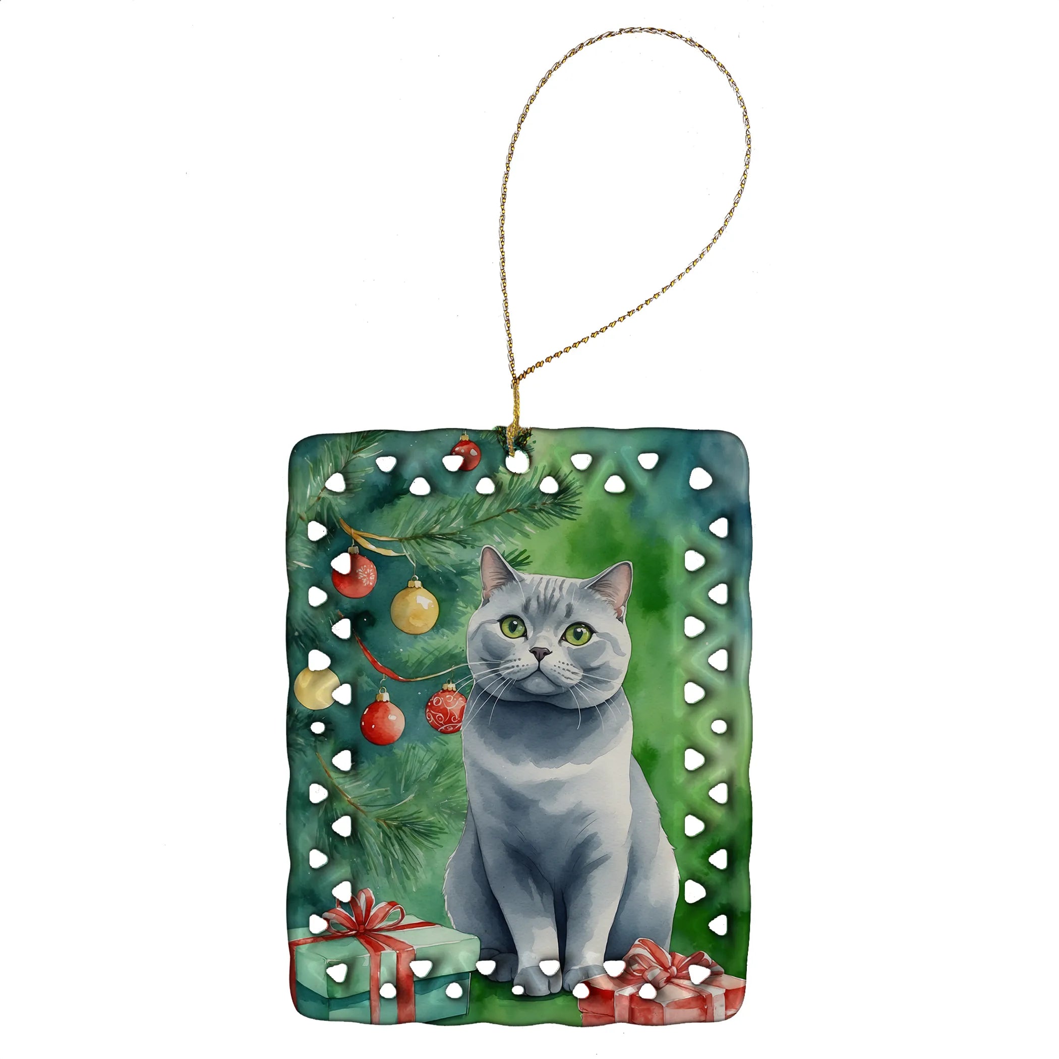Cat By Christmas Tree Porcelain Ornament