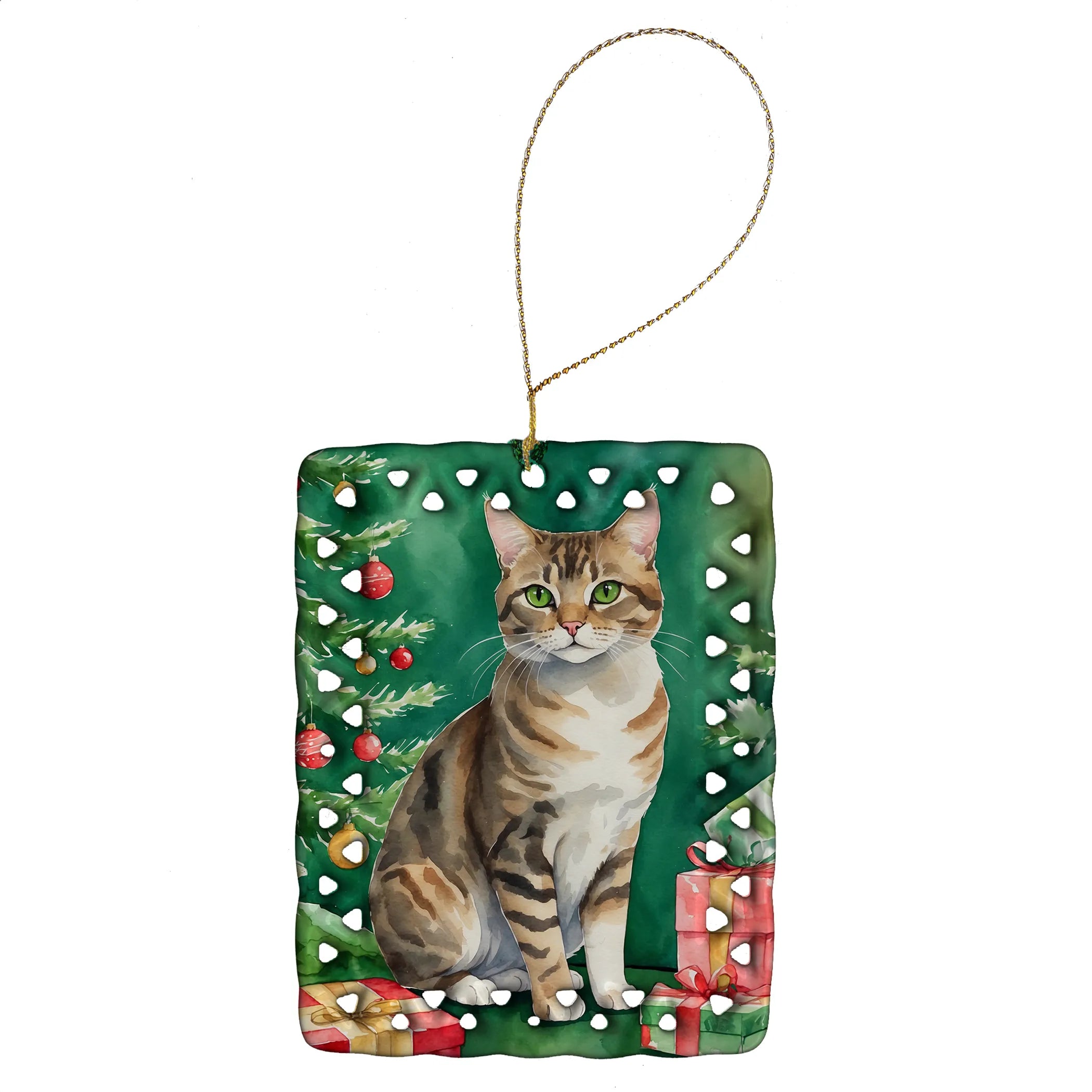 Cat By Christmas Tree Porcelain Ornament