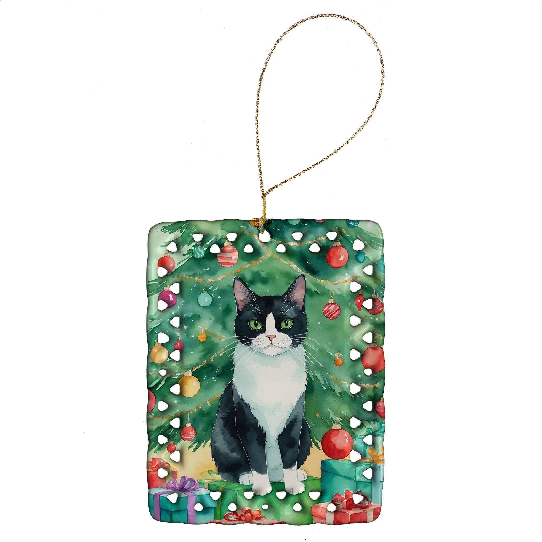 Cat By Christmas Tree Porcelain Ornament