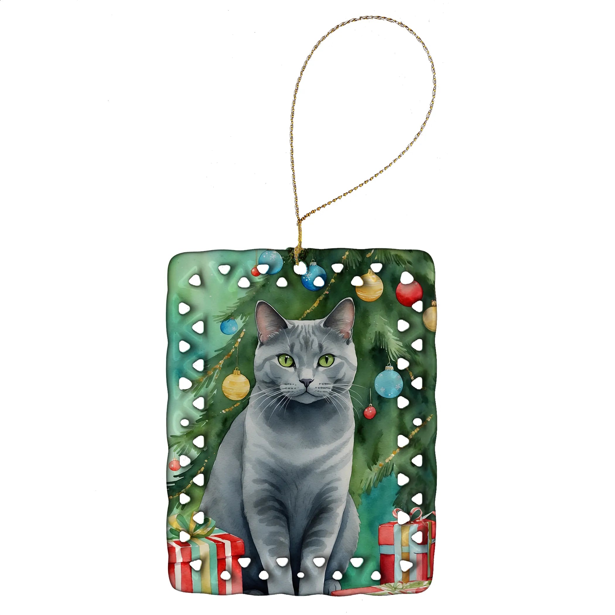 Cat By Christmas Tree Porcelain Ornament