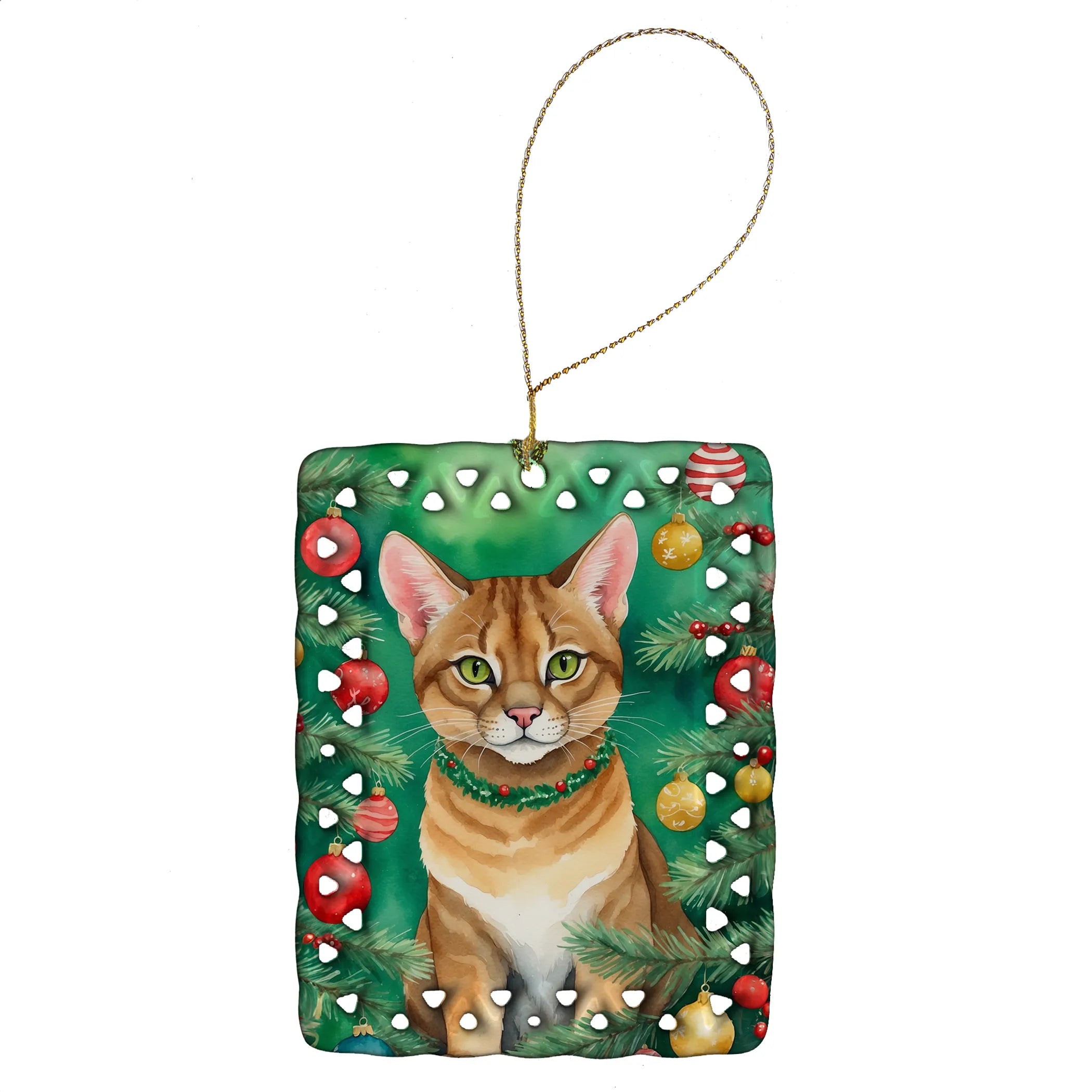 Cat By Christmas Tree Porcelain Ornament